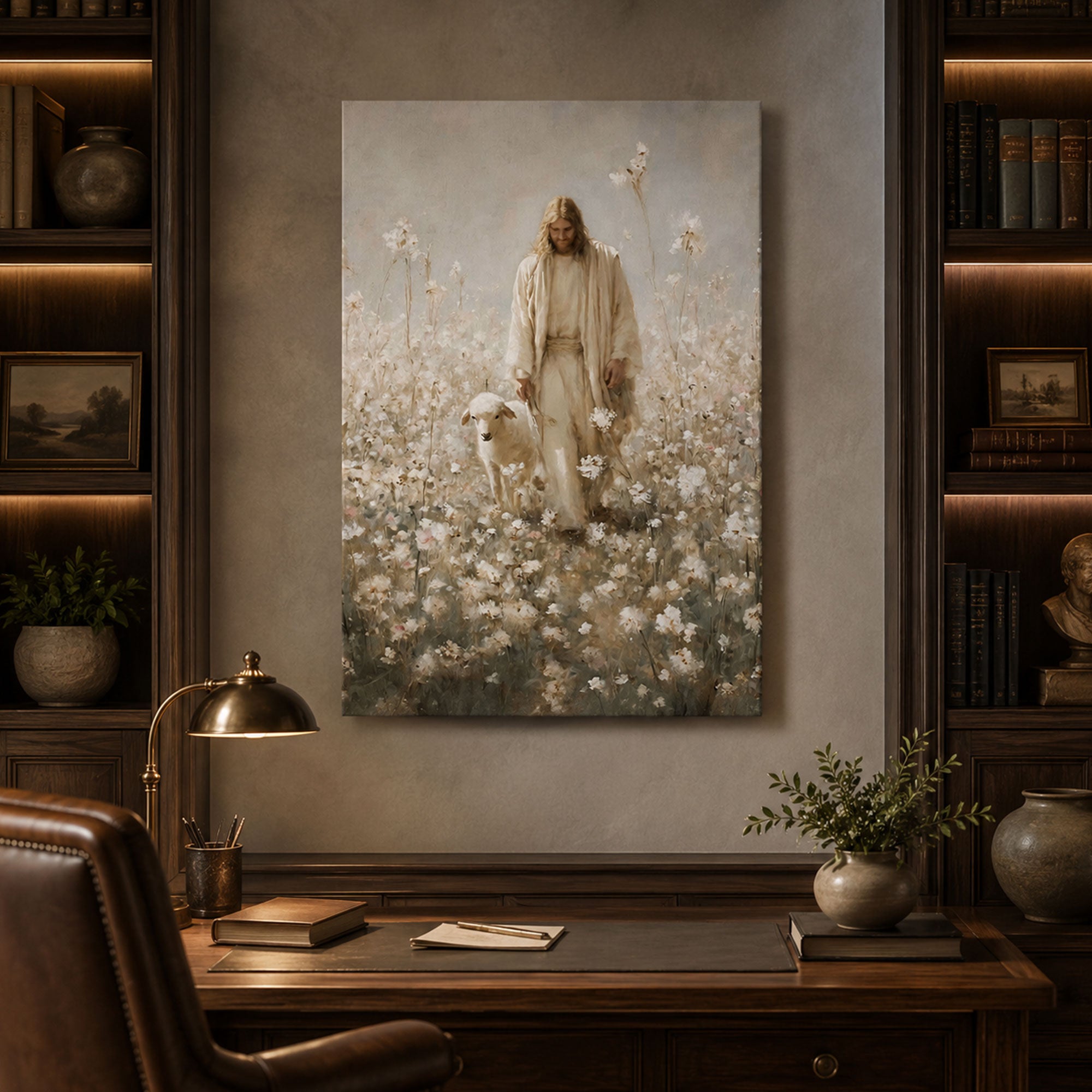 Jesus the Good Shepherd Canvas Print, Walking with Lamb in Wildflower Field, Neutral Christian Wall Art, Religious Home Decor, Faith Inspired Gift