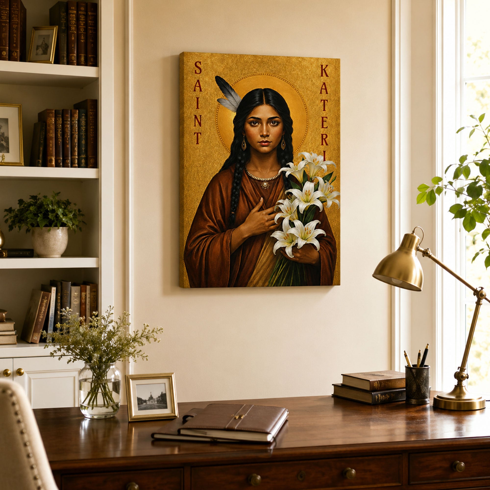 Saint Kateri with Lilies Canvas Print, Native American Catholic Saint Wall Art, Gold Icon Faith Home Decor Gift