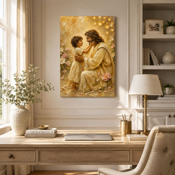 Jesus with Child Canvas Print, Christian Family Wall Art, Warm Golden Faith Home Decor Gift