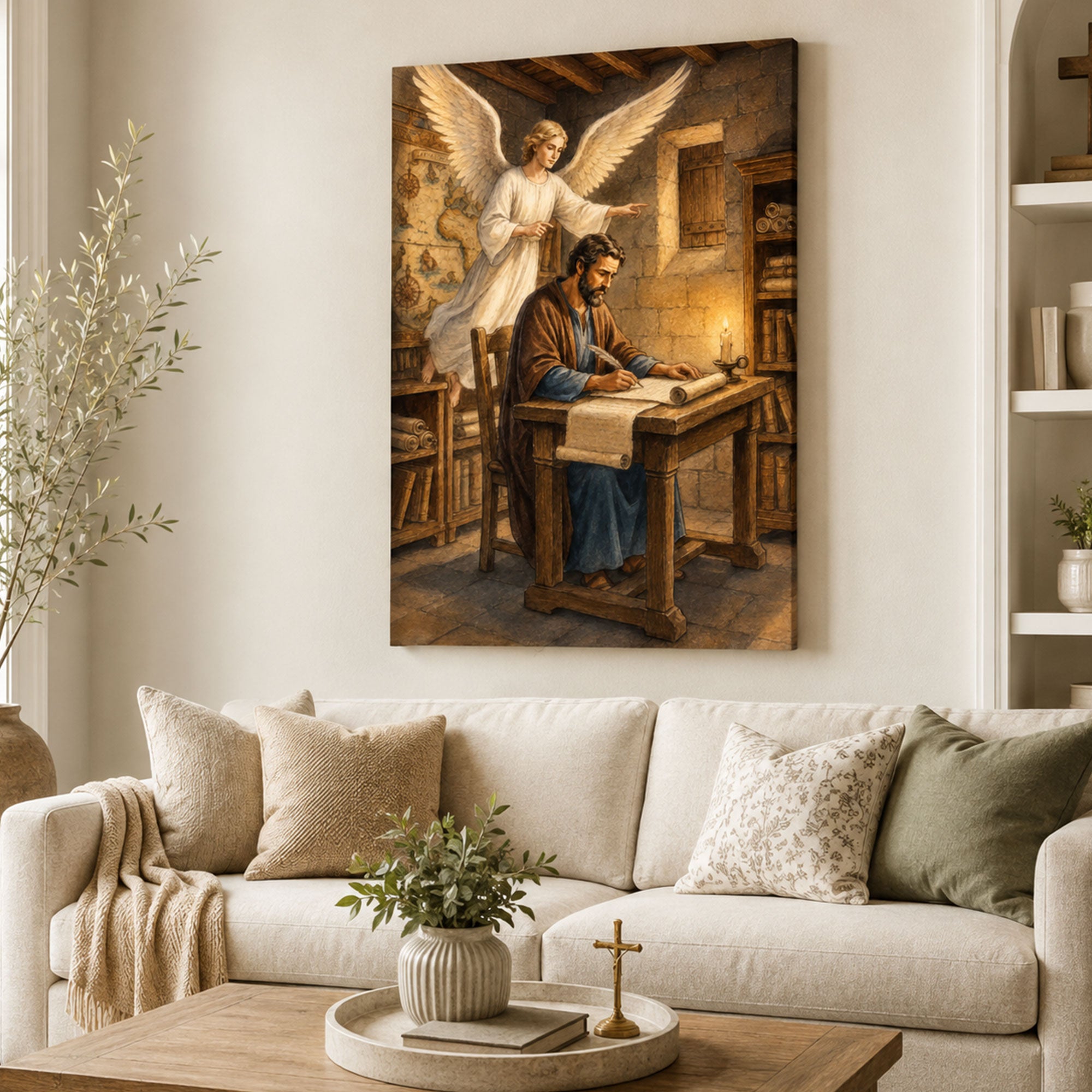 Saint Matthew Writing the Gospel Canvas Print, Angel Inspired Catholic Wall Decor, Faith Gift