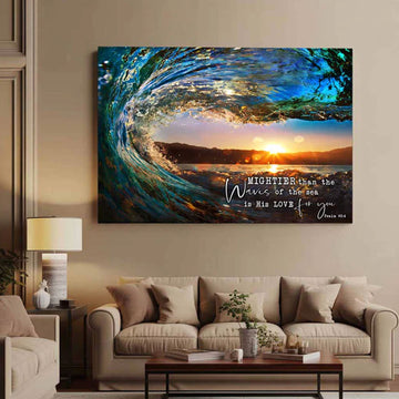 “Mightier Than The Waves Of The Sea” Canvas Print, Christian Scripture Wall Art, Coastal Faith Decor, Inspirational Bible Artwork