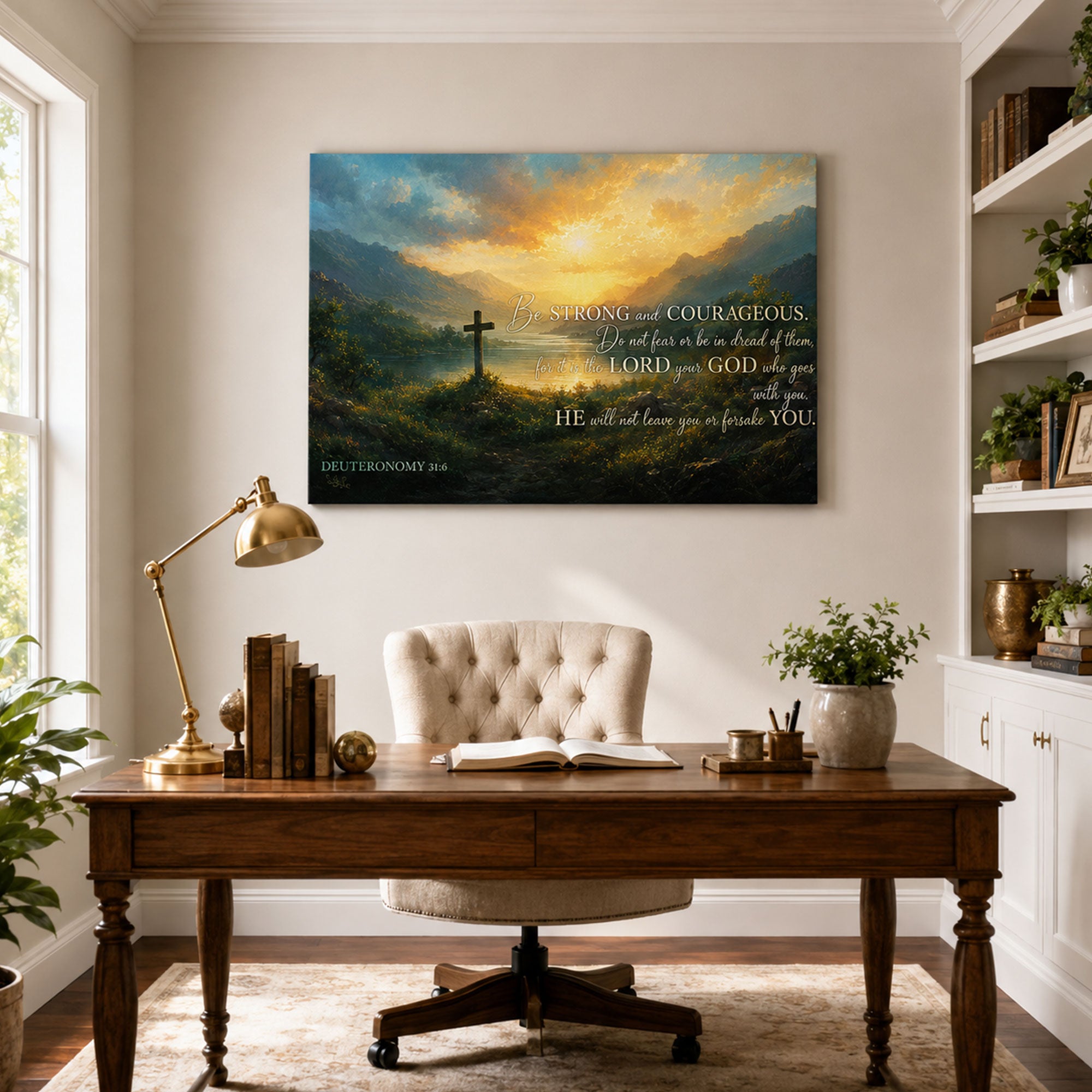 Be Strong and Courageous Deuteronomy 31:6 Canvas Print, Cross Sunrise Scripture Decor
