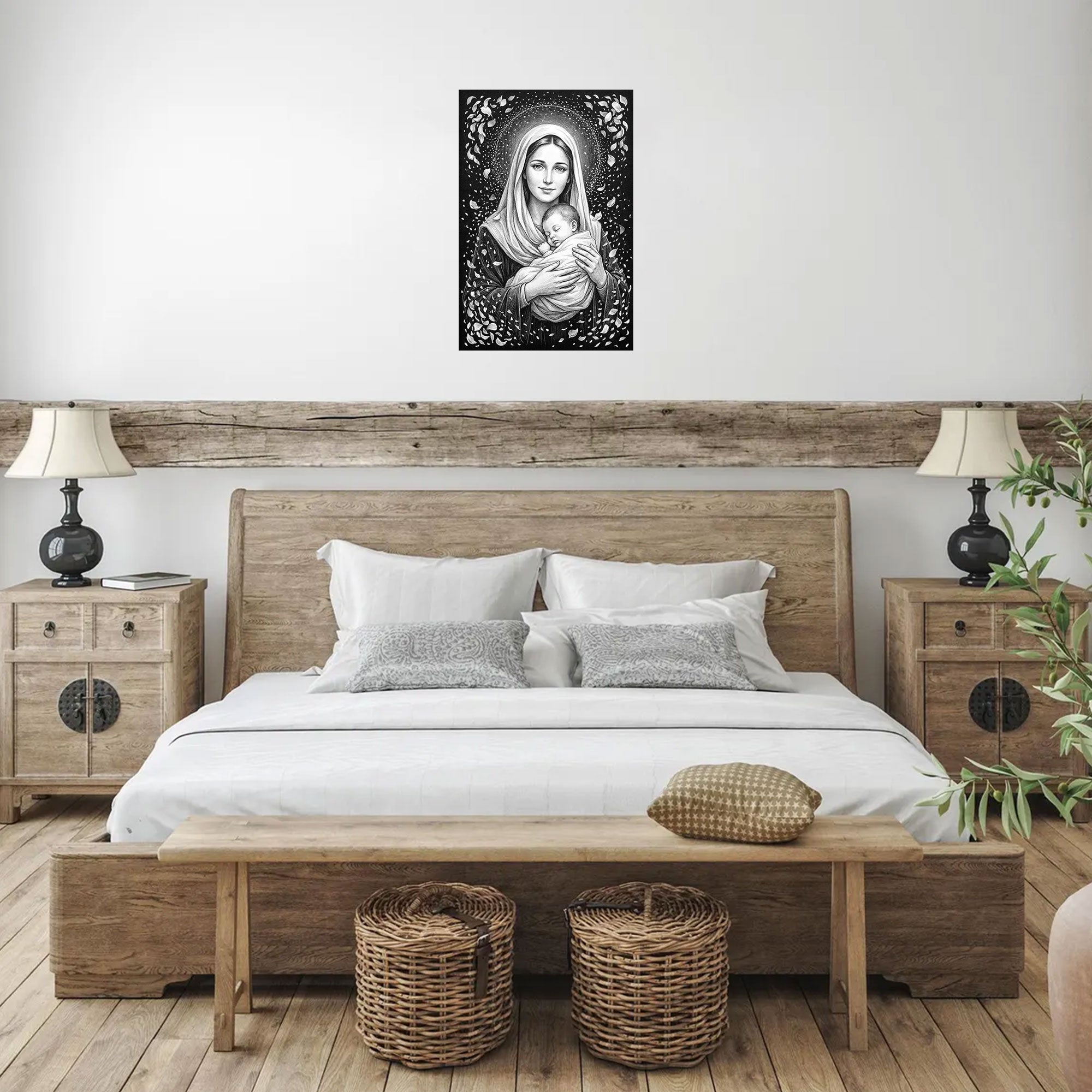 Black and White Virgin Mary with Child Canvas Print, Madonna and Baby Jesus Wall Art, Catholic Religious Decor