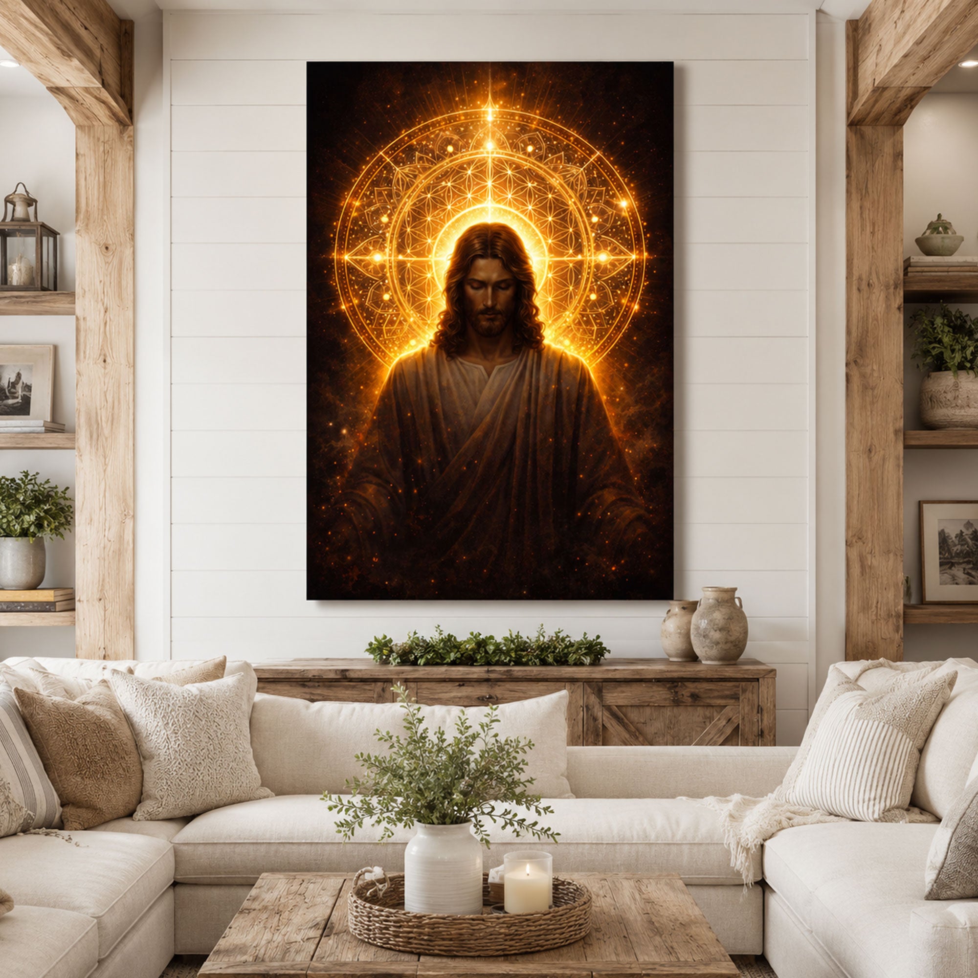 Radiant Jesus Christ Canvas Print Golden Sacred Light Christian Wall Art Spiritual Faith Home Decor