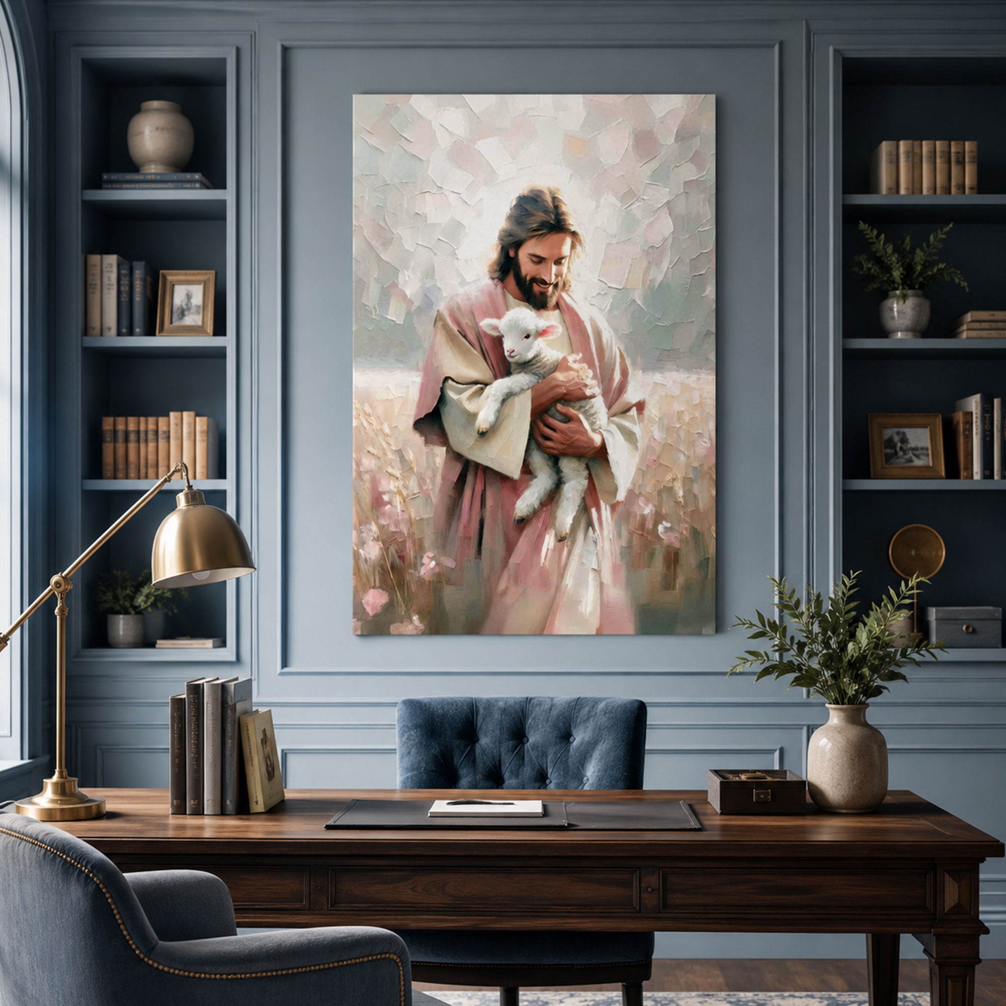 Jesus Embracing Lamb Canvas Print, Pink Christian Wall Art, Good Shepherd Faith Decor, Spiritual Religious Artwork
