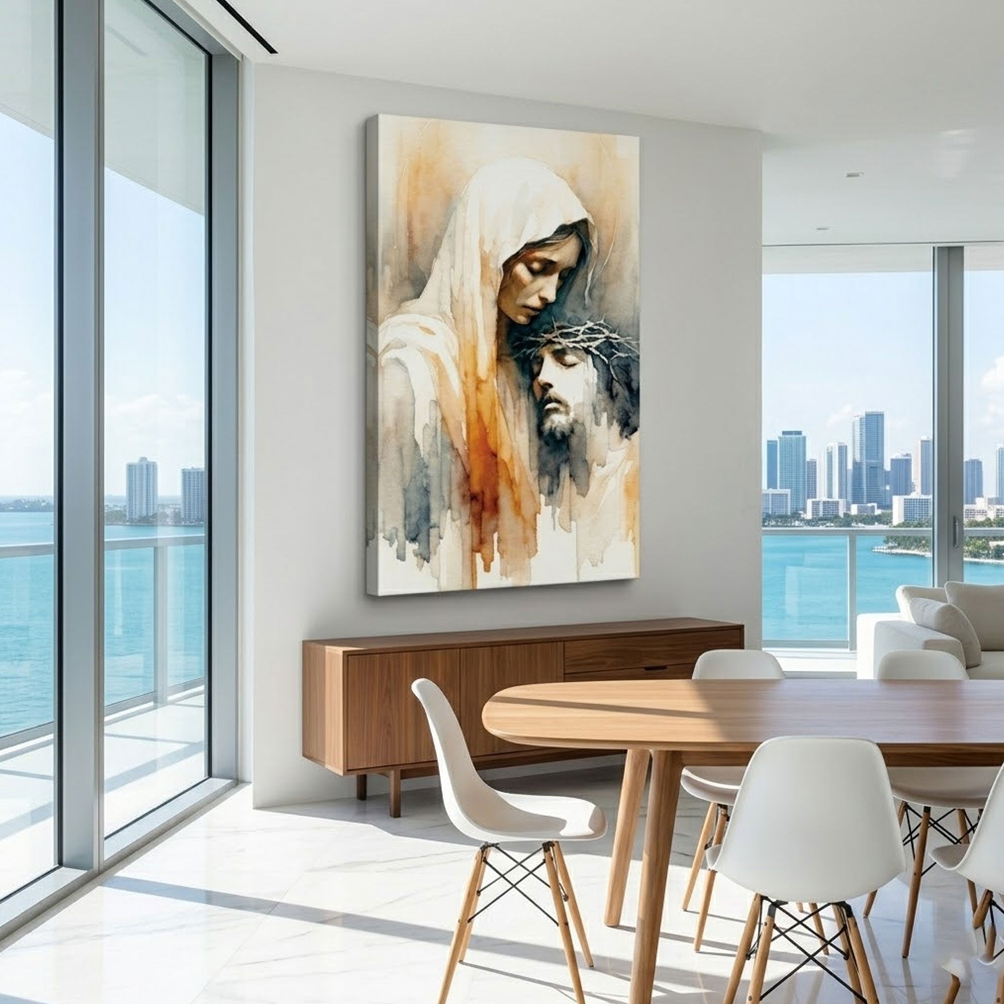 Mother Mary and Jesus Watercolor Canvas Print, Minimalist Christian Wall Art, Faith Inspired Home Decor