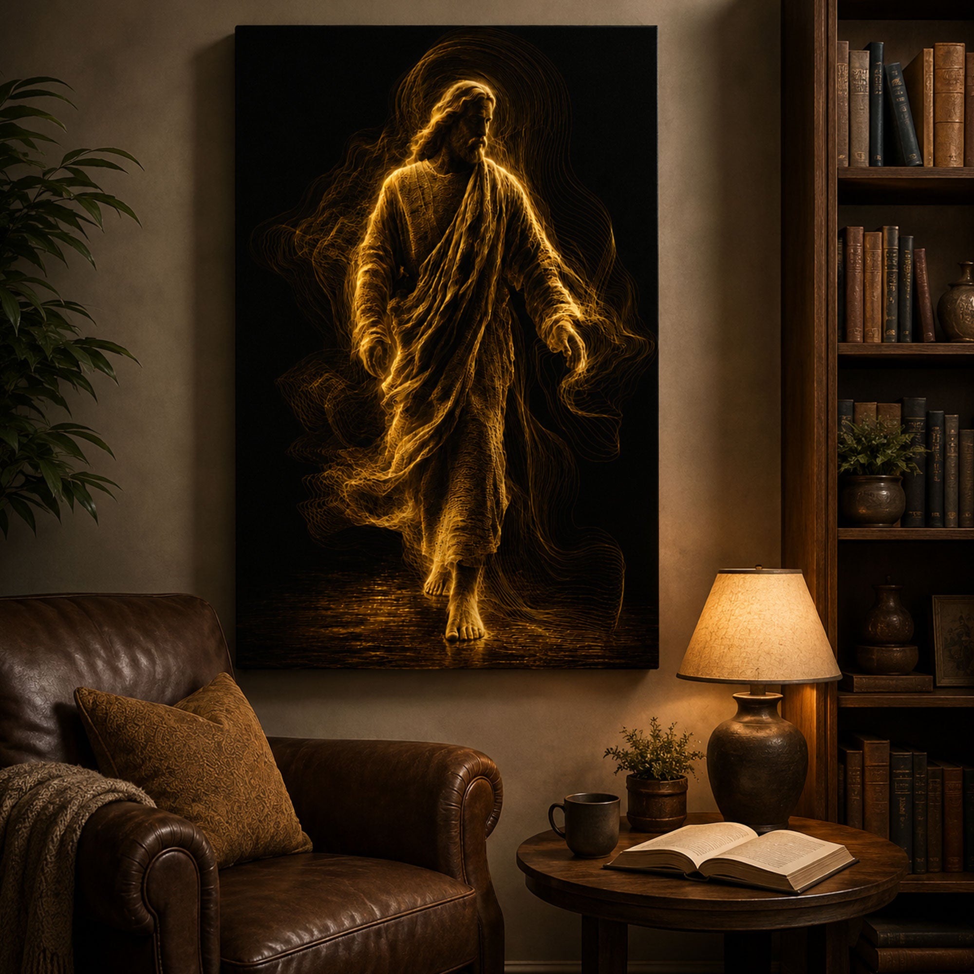 Jesus Walking in Golden Light Canvas Print, Modern Christian Wall Art, Faith Home Decor