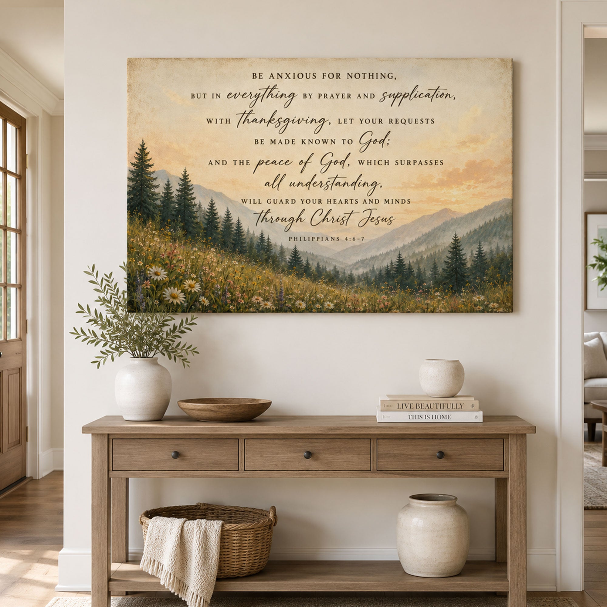 Philippians 4:6-7 Canvas Print, Be Anxious for Nothing Christian Scripture Wall Art, Peace of God Home Decor Gift