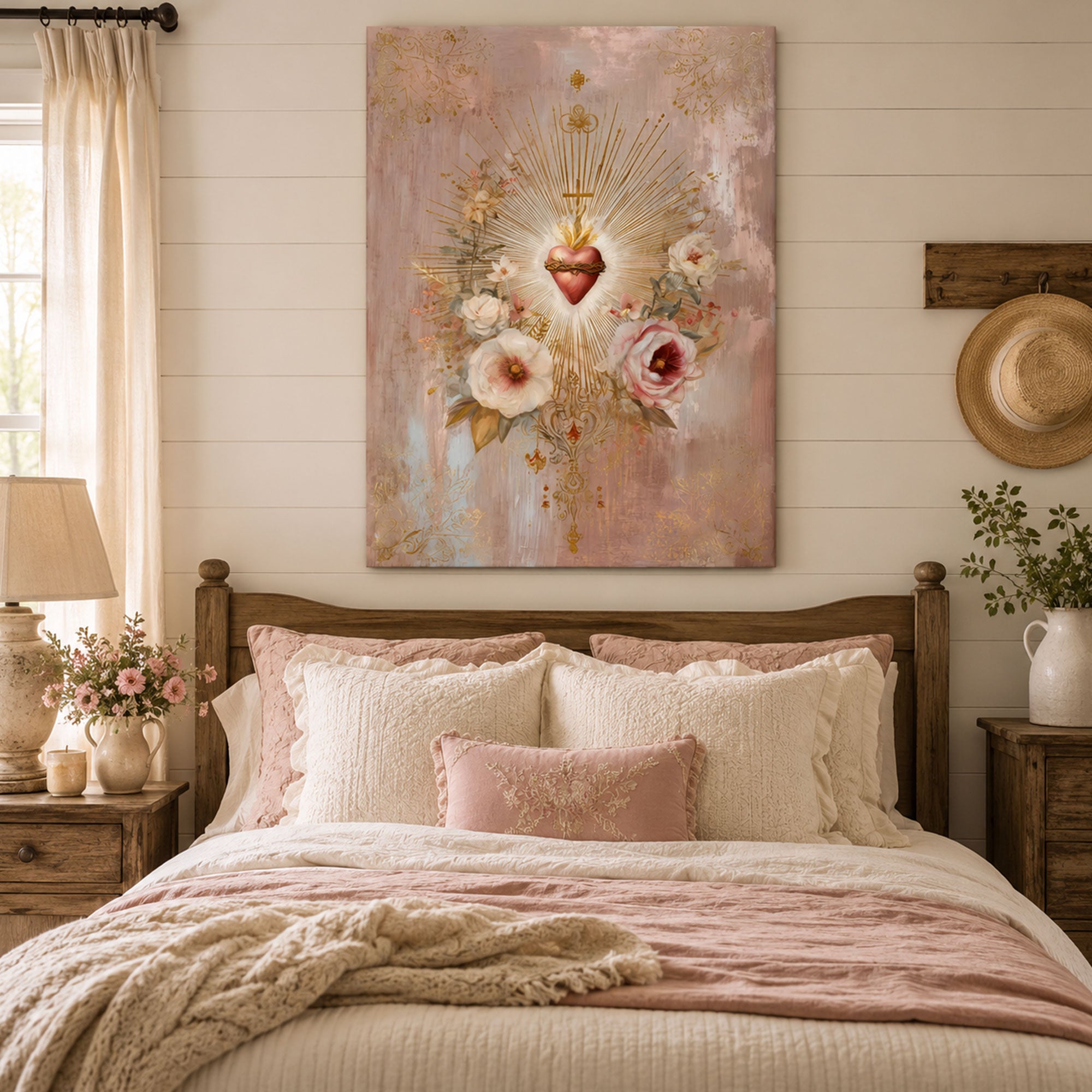 Sacred Heart Floral Canvas Print, Catholic Christian Wall Art, Pink Gold Religious Home Decor, Faith Gift