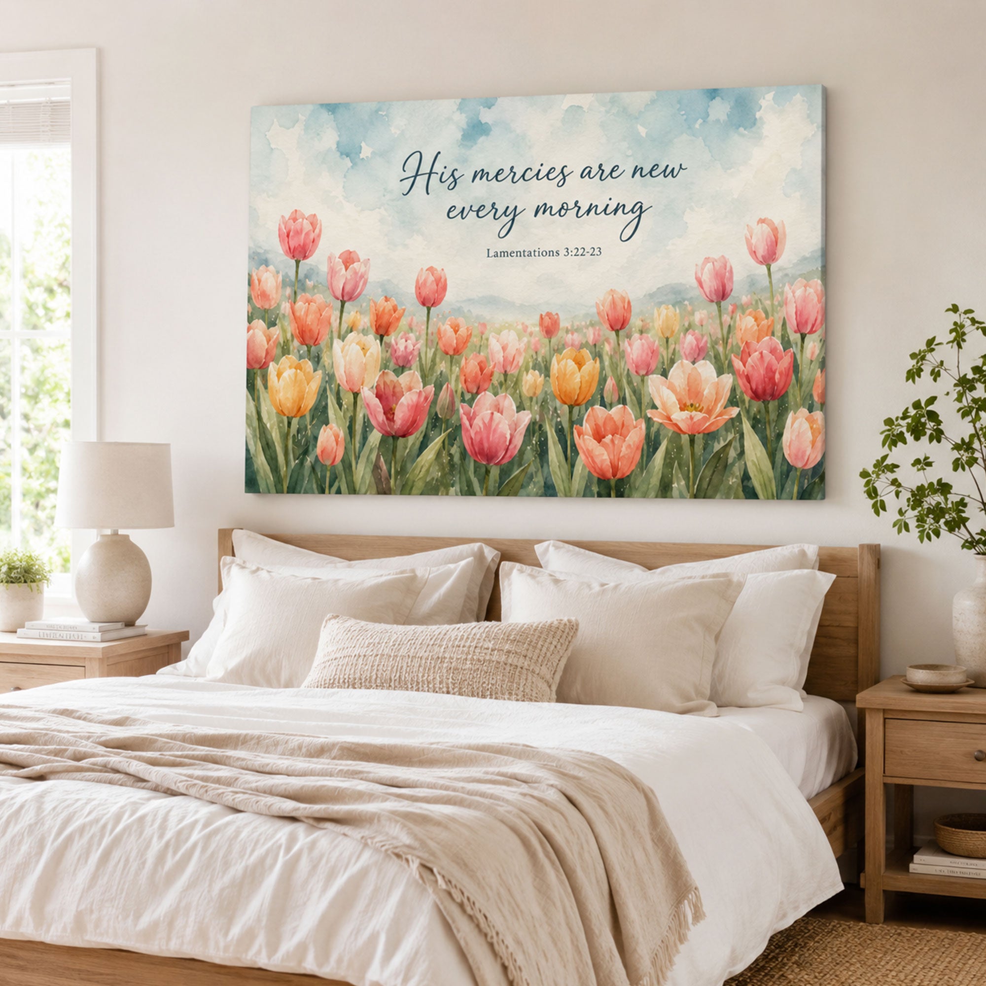 His Mercies Are New Every Morning Canvas Print, Lamentations 3:22-23 Christian Bible Verse Wall Art, Faith Bedroom Decor Gift