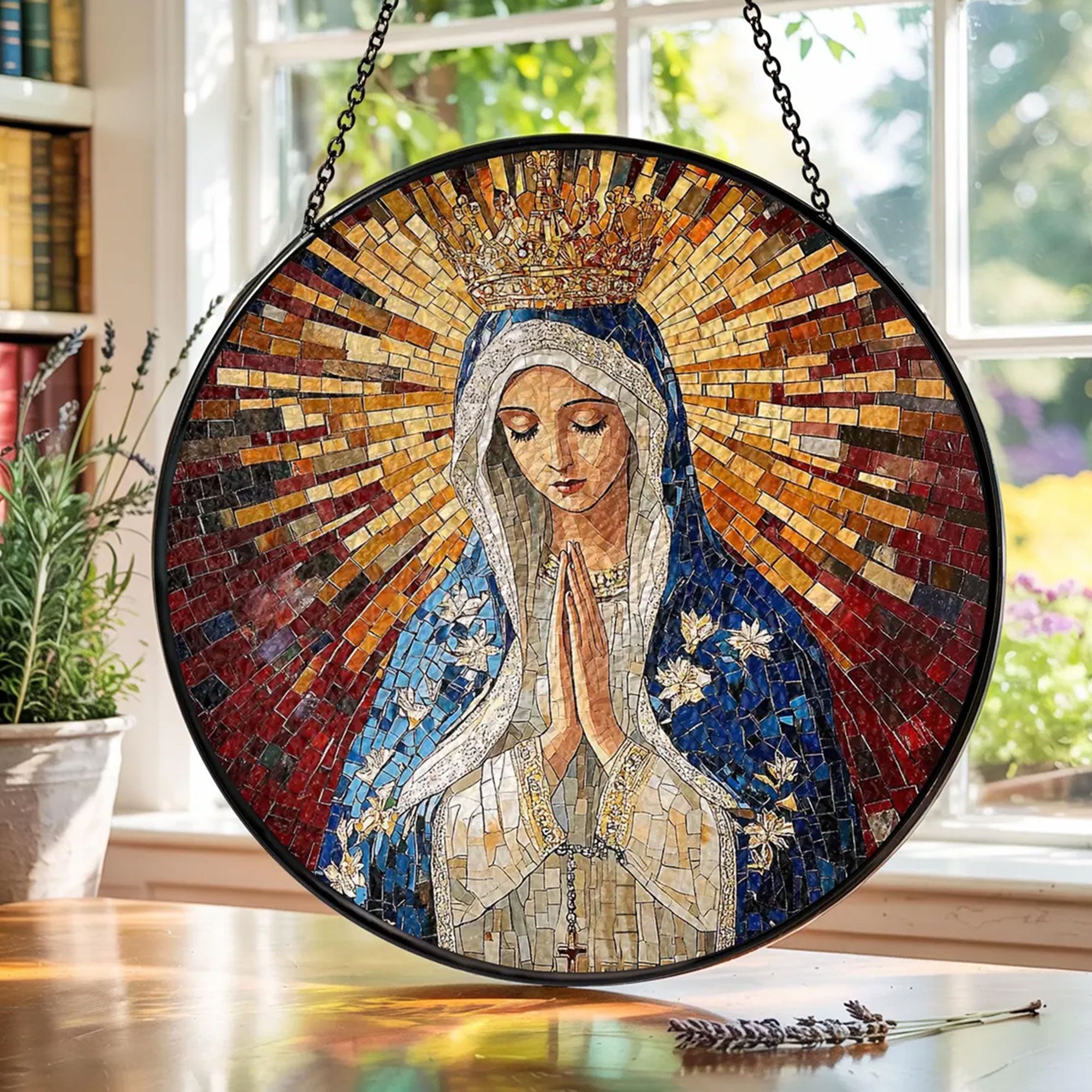 Blessed Virgin Mary Stained Glass Suncatcher, Praying Madonna Window Hanging, Catholic Religious Decor, Faith Gift