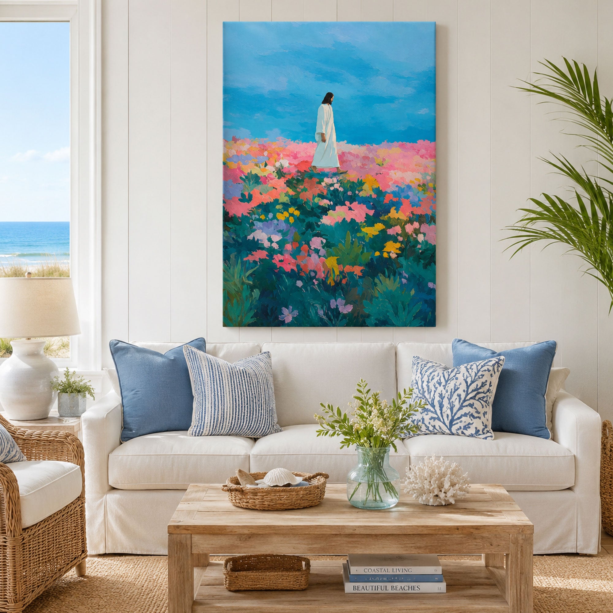 Jesus in Colorful Flower Field Canvas Print, Impressionist Christian Wall Art, Inspirational Faith Home Decor