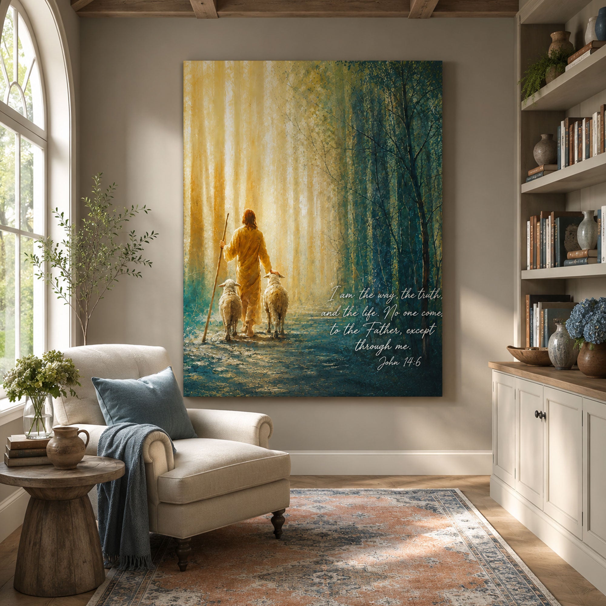 I Am The Way The Truth And The Life Jesus and Sheep Canvas Print, Christian Faith Wall Art, Inspirational Jesus Home Decor