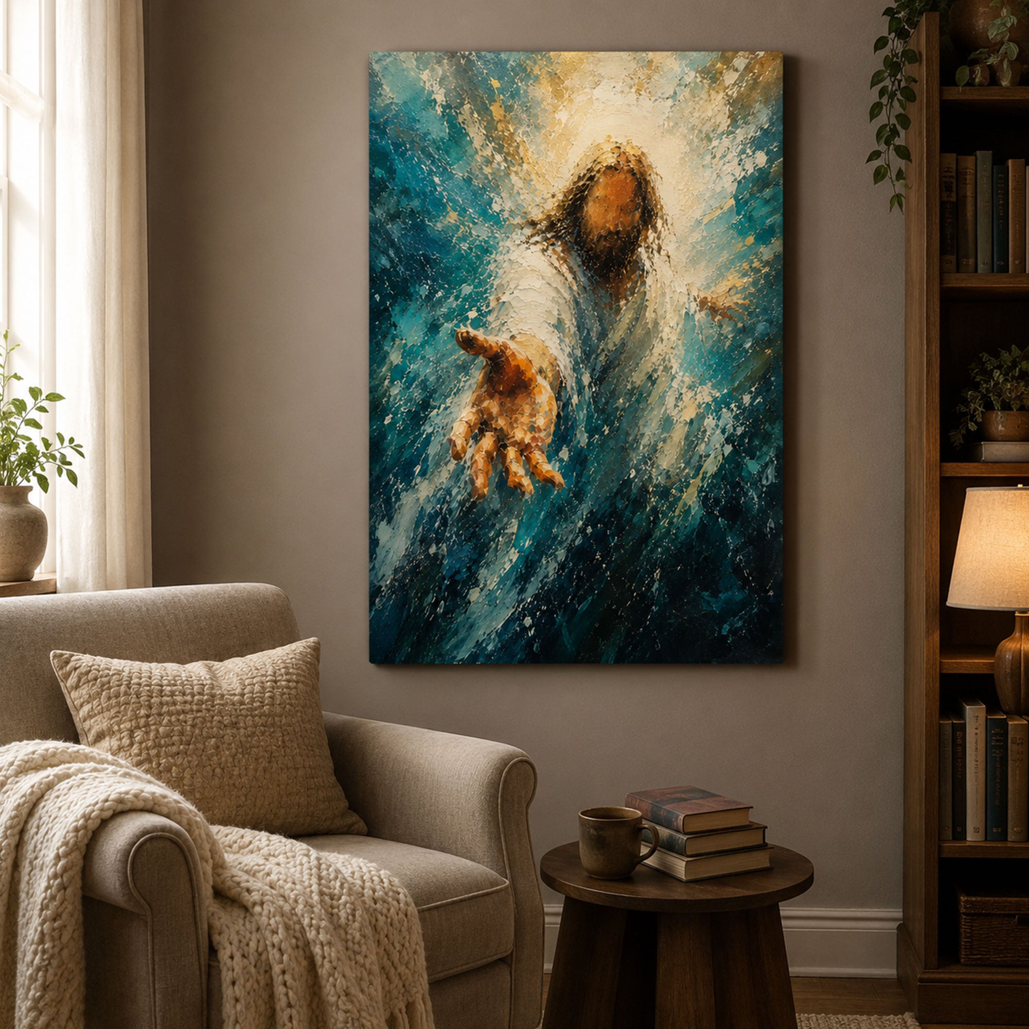Jesus Reaching Out Canvas Print, Stormy Sea Christian Wall Art, Faith and Hope Home Decor