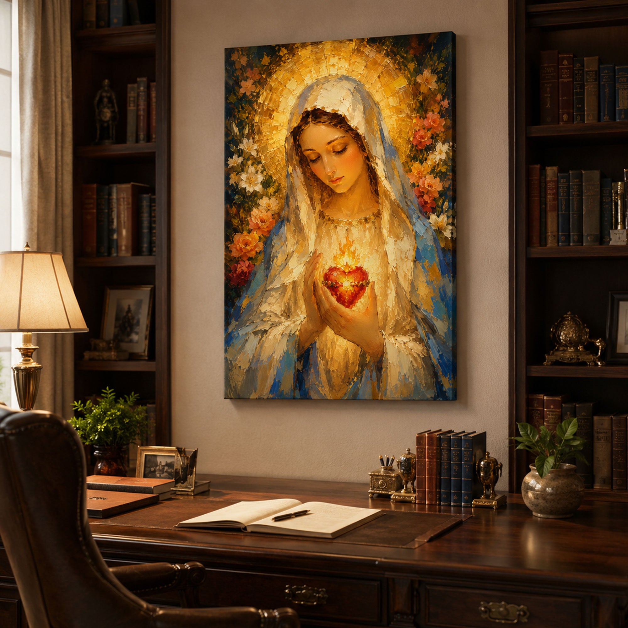 Immaculate Heart of Mary Canvas Print, Blessed Virgin Mary Wall Art, Catholic Sacred Heart Decor, Floral Religious Home Decor