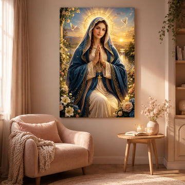 Virgin Mary Canvas Print, Blessed Mother Christian Wall Art, Heavenly Faith Decor, Peaceful Spiritual Artwork