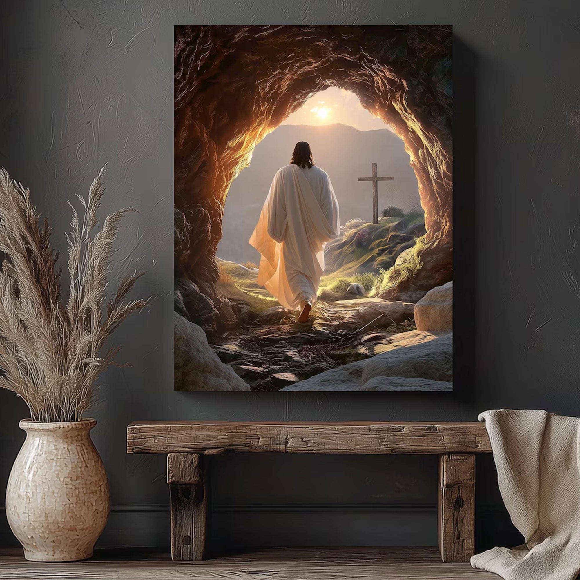 Jesus Resurrection Canvas Wall Art, Risen Christ Painting, Peaceful Christian Home Decor