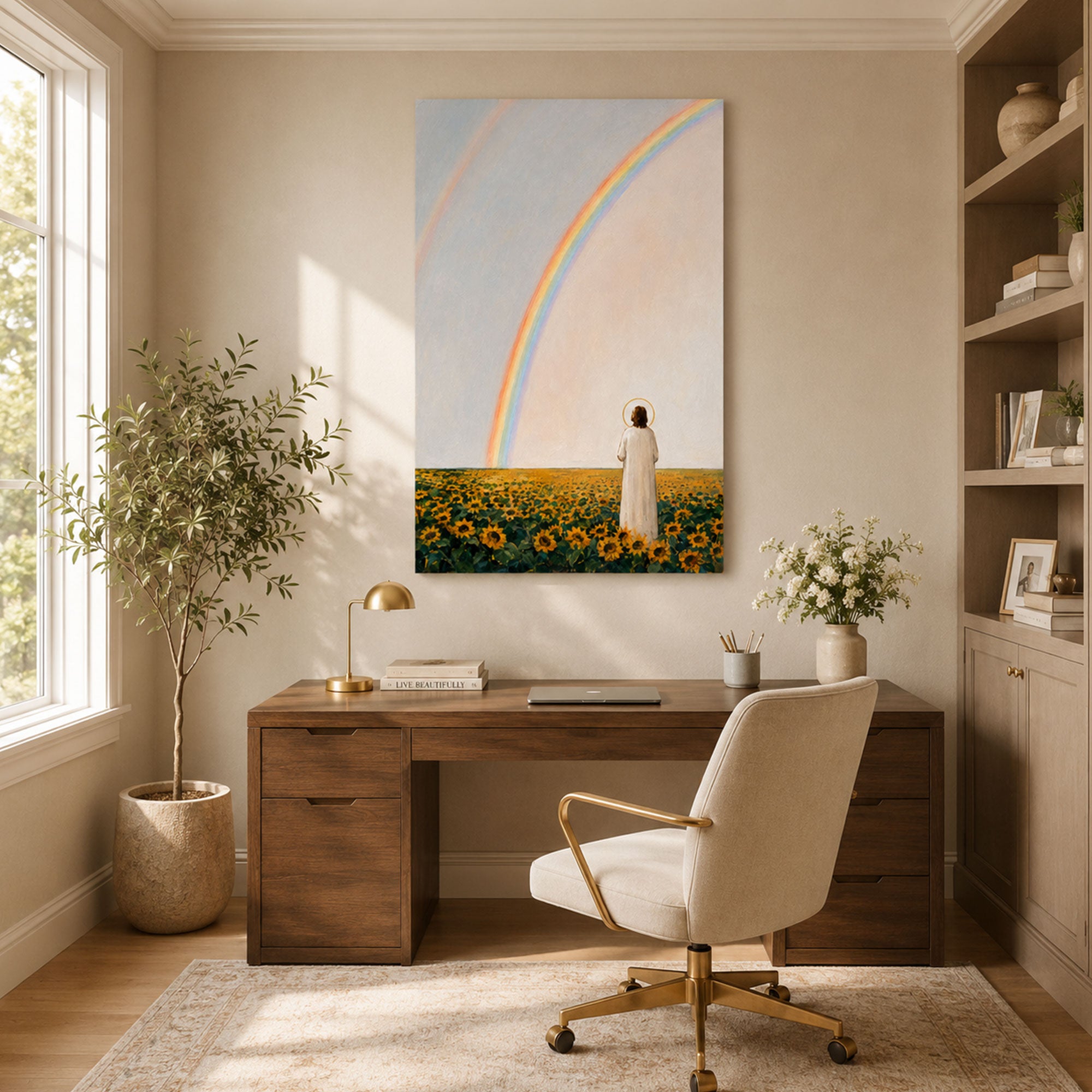 Jesus Beneath the Promise Rainbow Canvas Print, Sunflower Christian Decor
