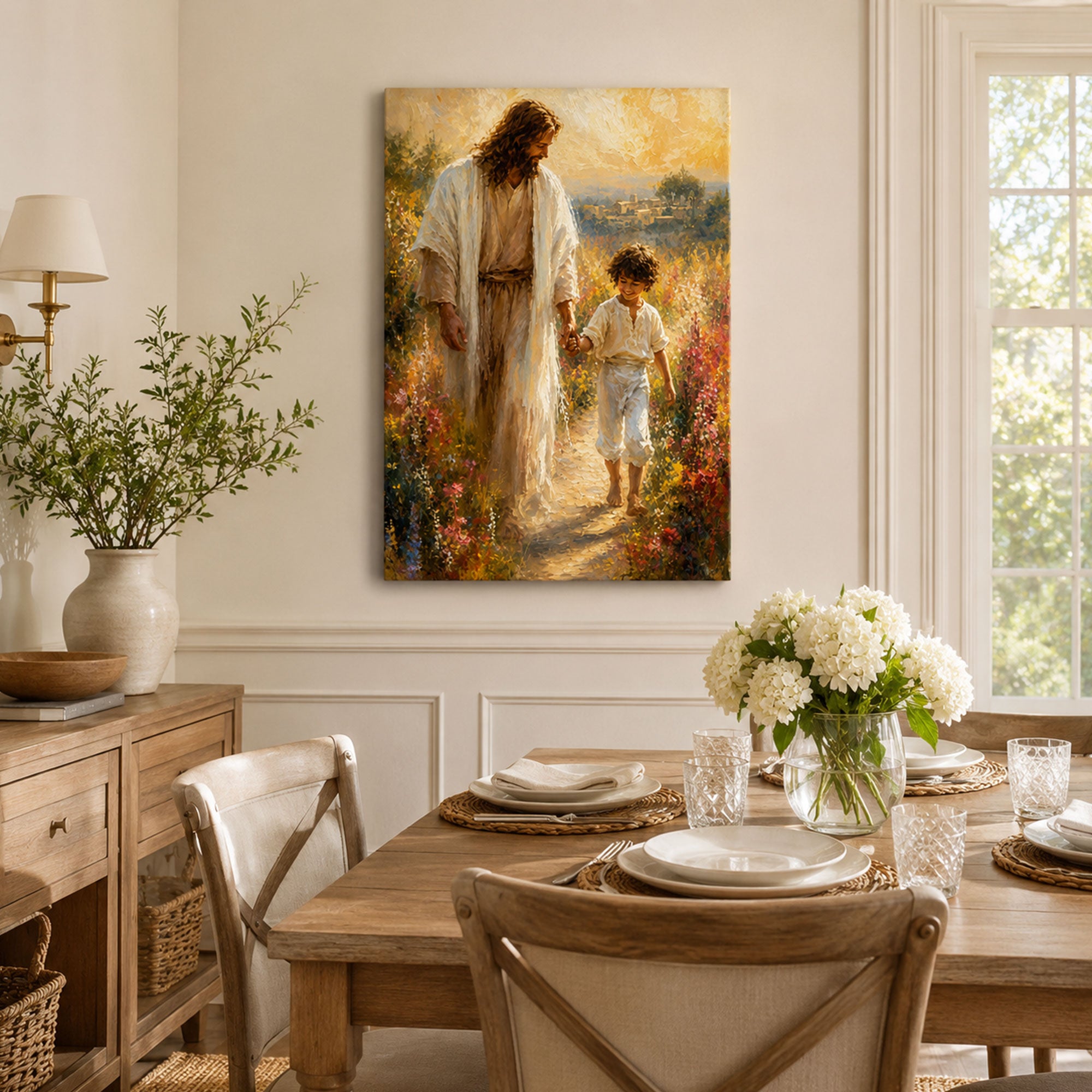 Jesus Walking with a Child Canvas Print, Peaceful Christian Home Decor