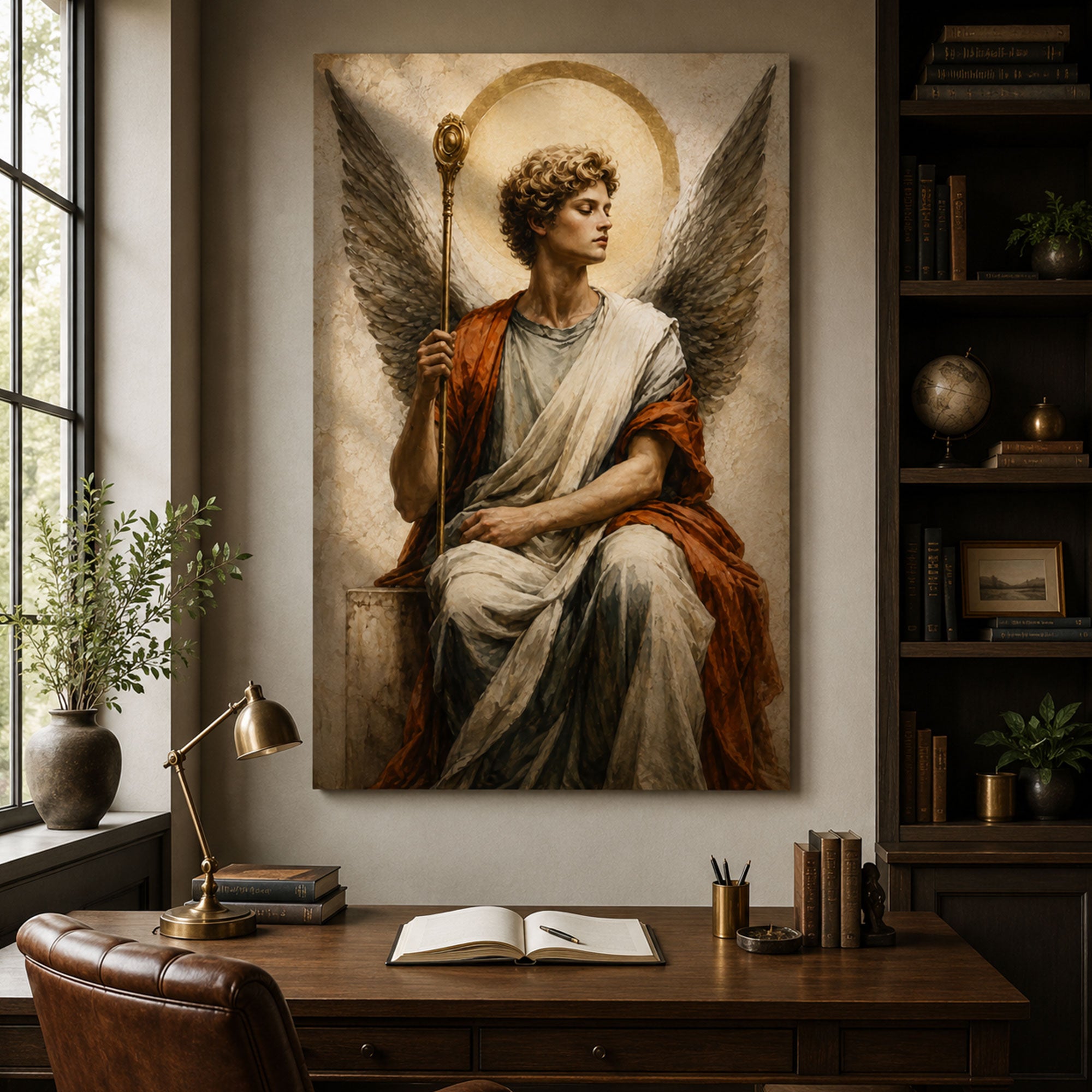 Seated Archangel Canvas Print, Guardian Angel Christian Wall Art, Catholic Faith Home Decor