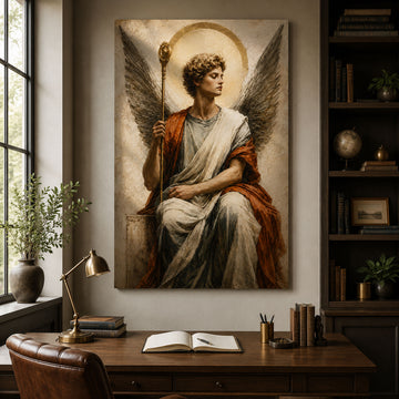 Seated Archangel Canvas Print, Guardian Angel Christian Wall Art, Catholic Faith Home Decor
