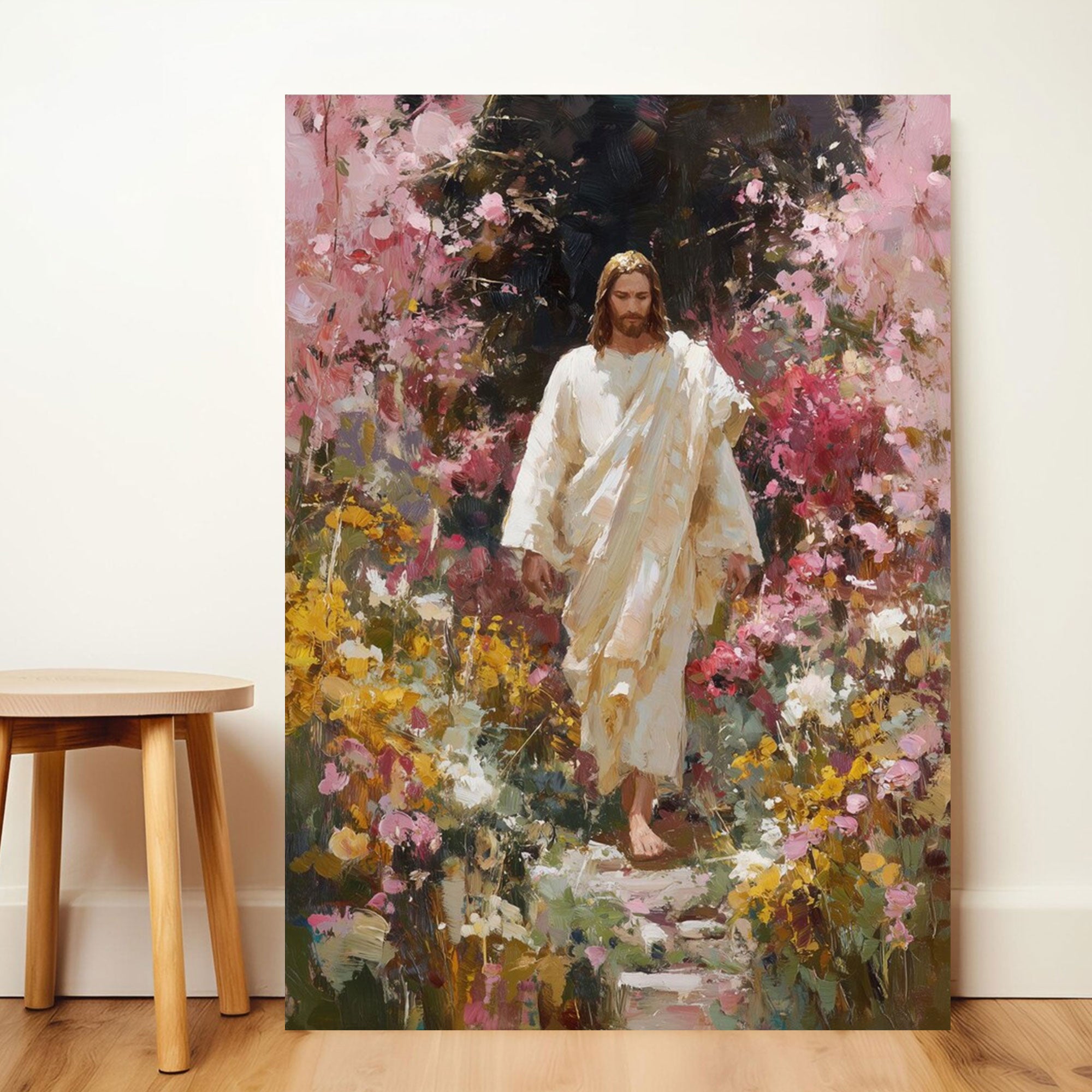Jesus with Flowers Canvas Print, Christian Wall Art, Faith Based Religious Home Decor