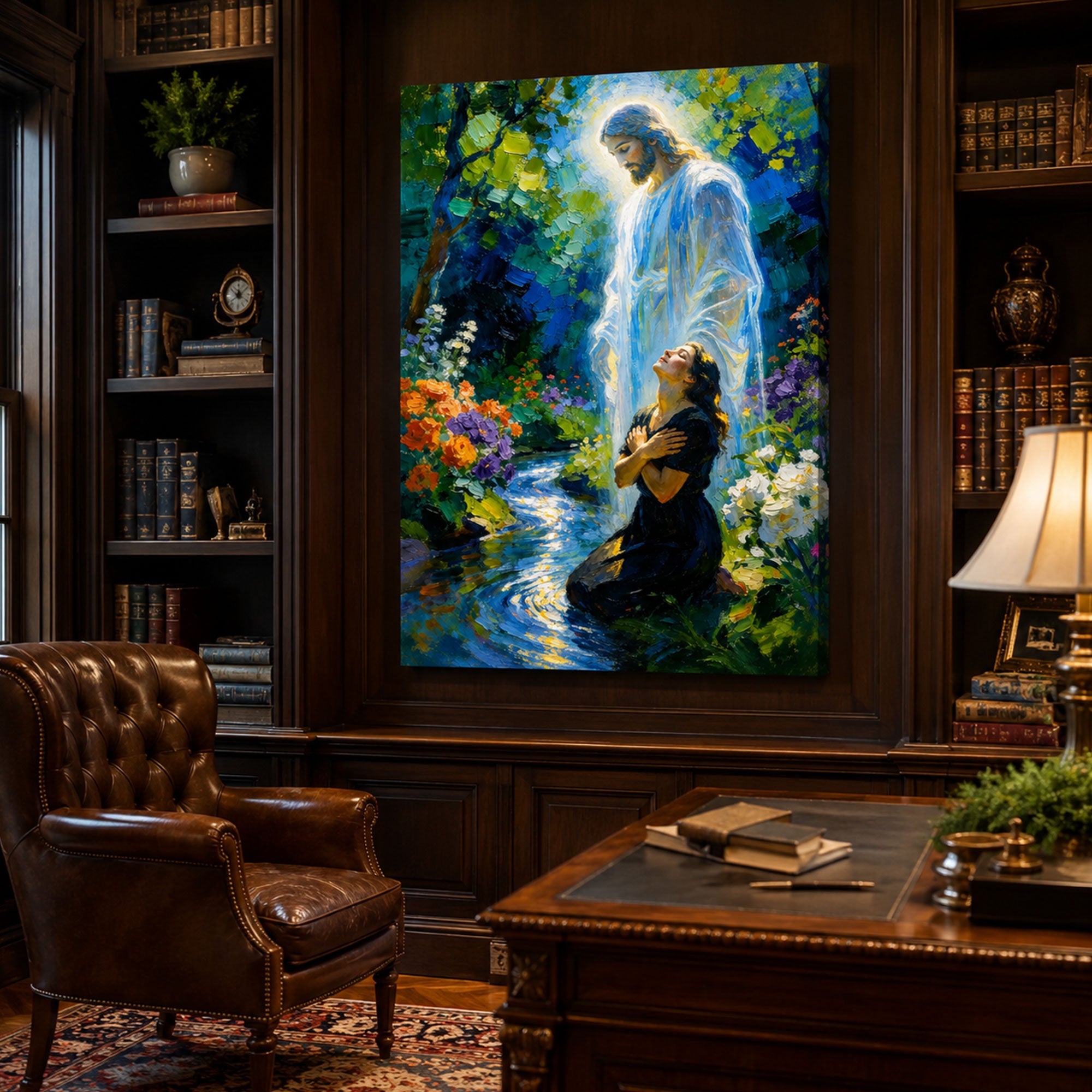 Vision of Christ Jesus Canvas Print, Ethereal Garden Oil Painting, Spiritual Christian Wall Art for Healing and Peace