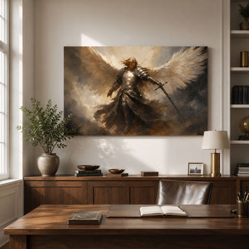 Saint Michael Archangel with Sword Canvas Print, White and Gold Catholic Art