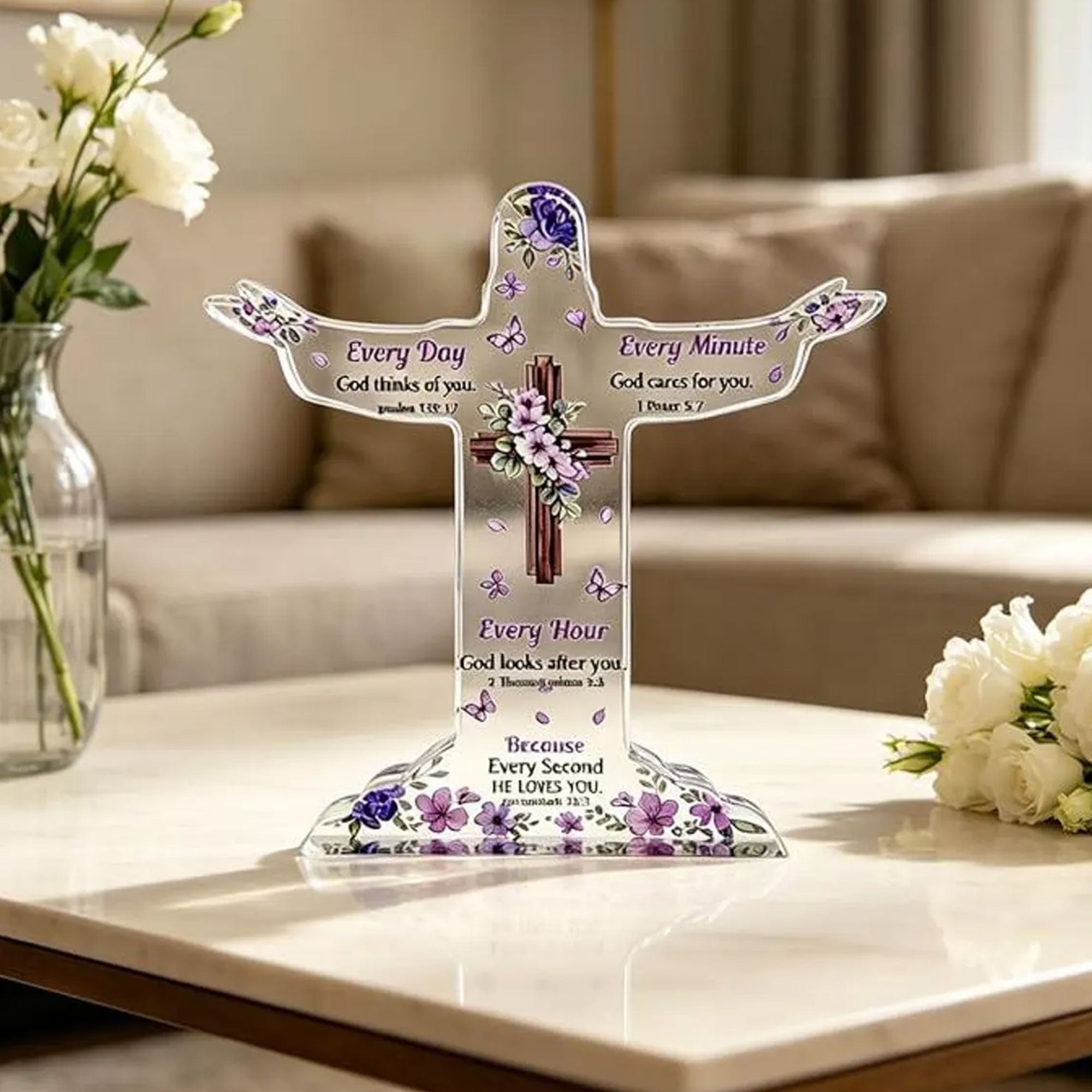 Christian Bible Verse Cross Acrylic Desk Plaque, Brave Fearless Strong Loved Chosen Faith Affirmation Gift