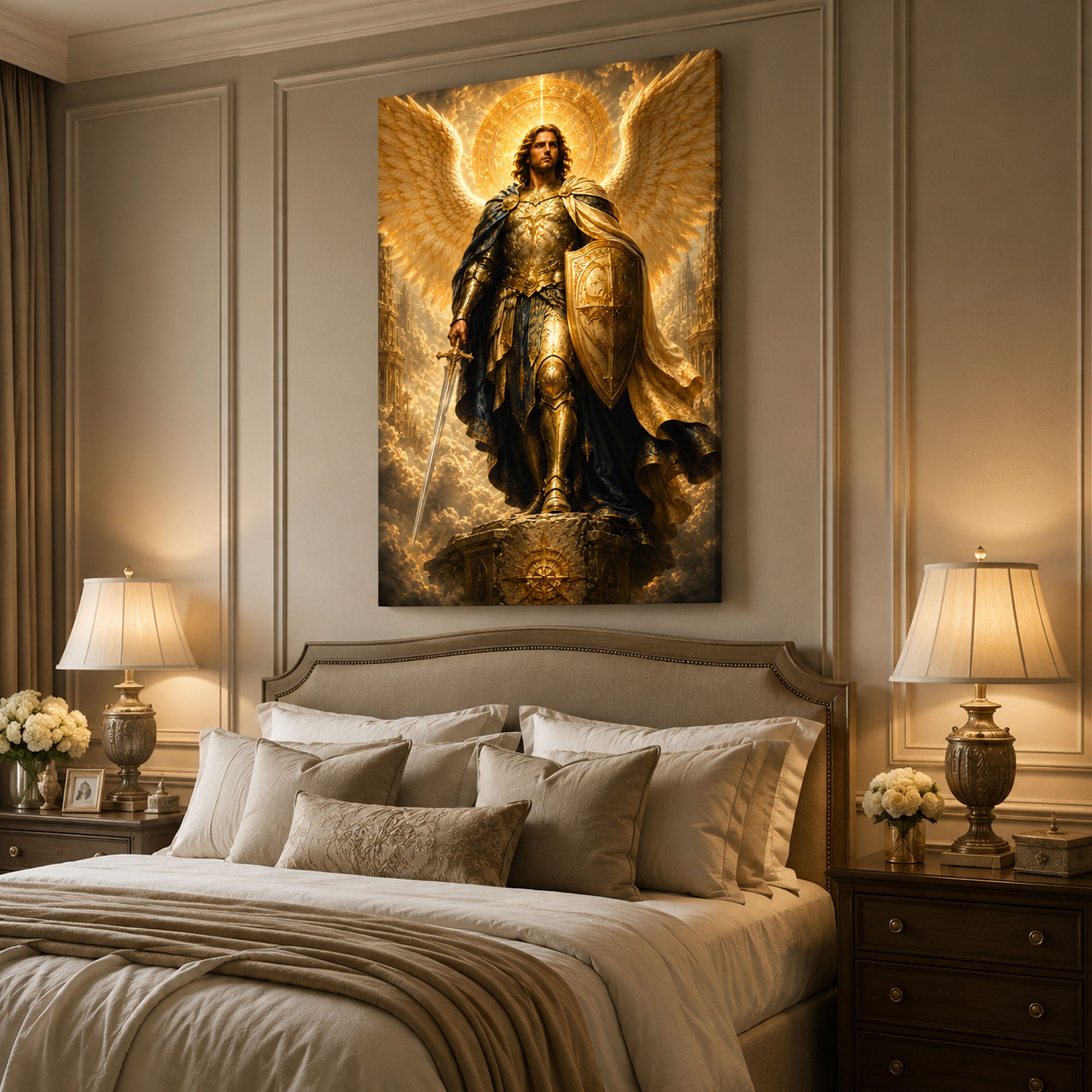 Saint Michael with Sword and Shield Canvas Print, Catholic Archangel Wall Art, Faith Home Decor Gift