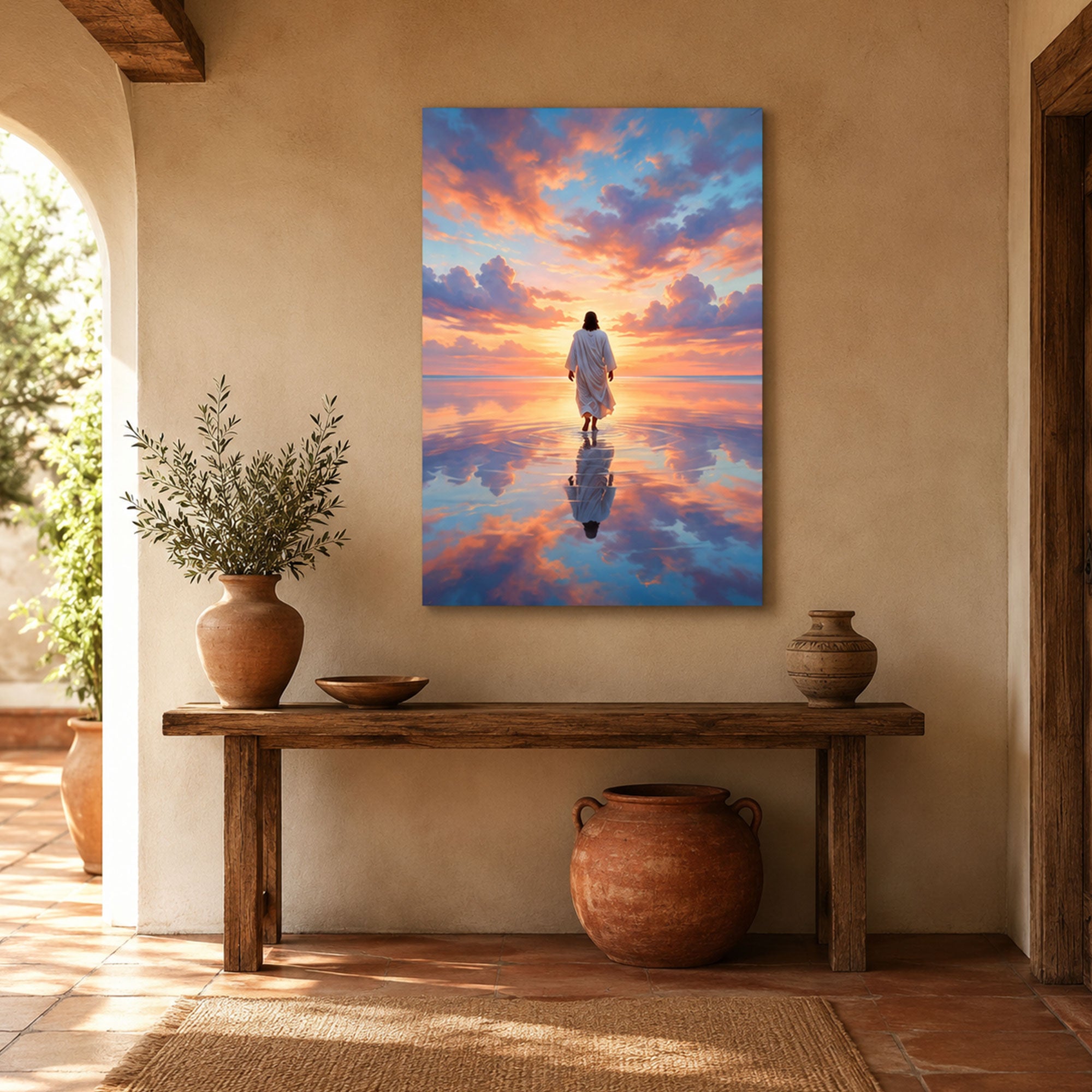 Jesus Light Over the Sea Canvas Print, Christian Ocean Miracle Wall Art, Heavenly Glow Faith Decor
