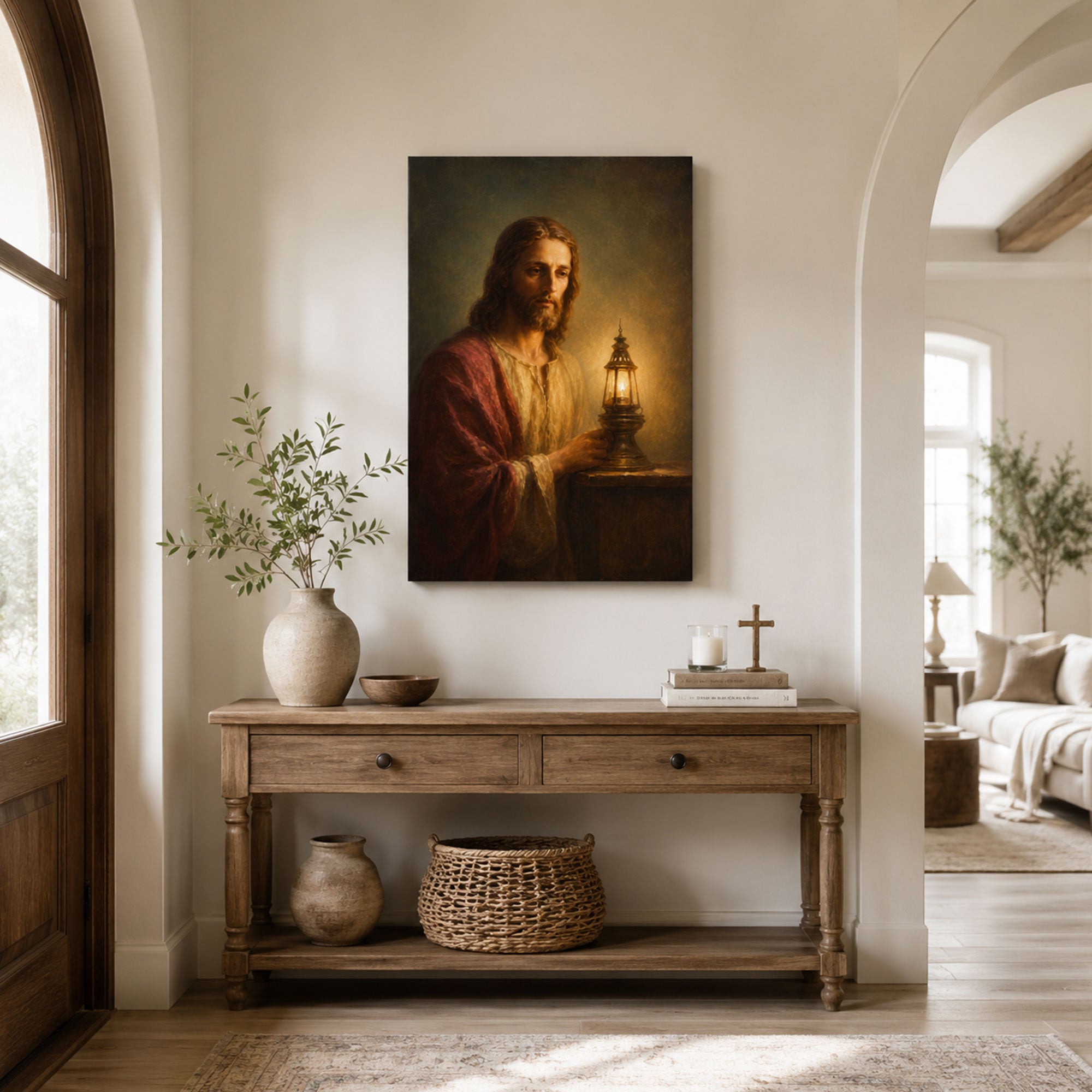 Jesus Light of the World Canvas Print, Christian Lantern Wall Art, Warm Faith Home Decor Gift