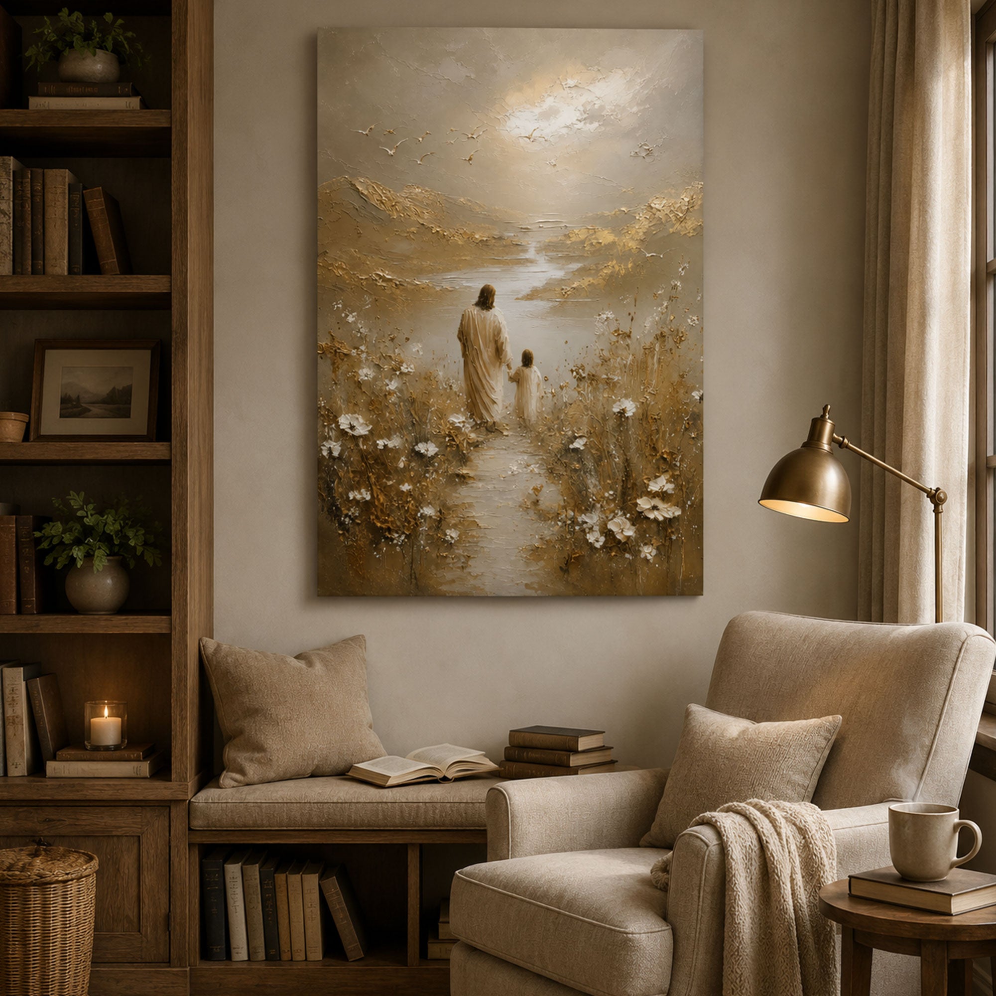 Jesus Walking with Child Canvas Print, Christian Wall Art, Peaceful Faith Home Decor
