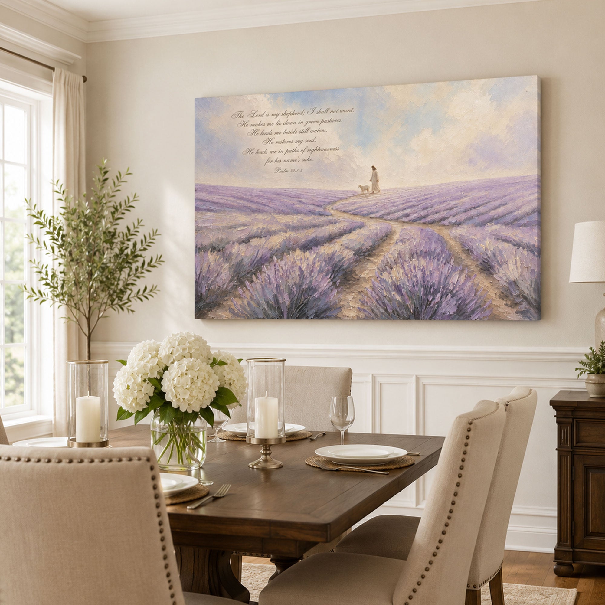 Psalm 23:1-3 Good Shepherd in Lavender Field Canvas Print, Christian Home Decor