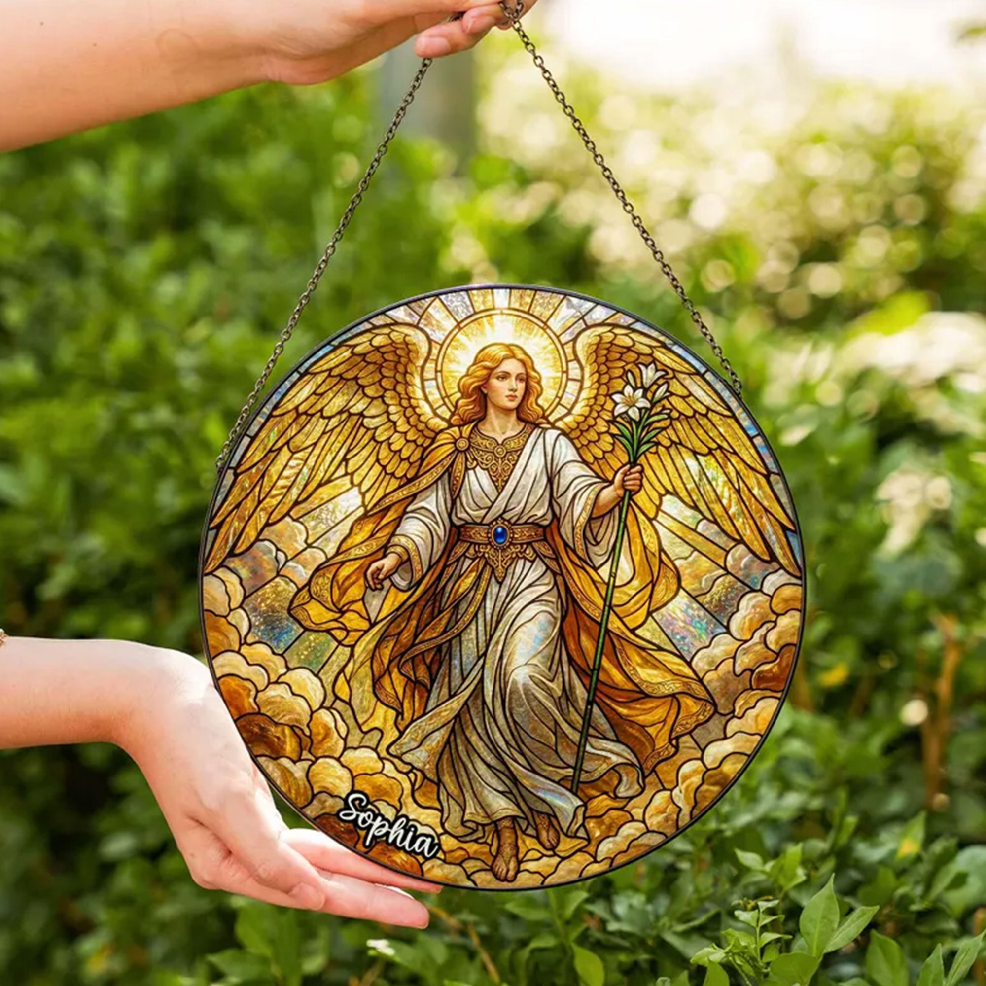 Guardian Angel Lily Suncatcher, Custom Name Angel Window Hanging Gift