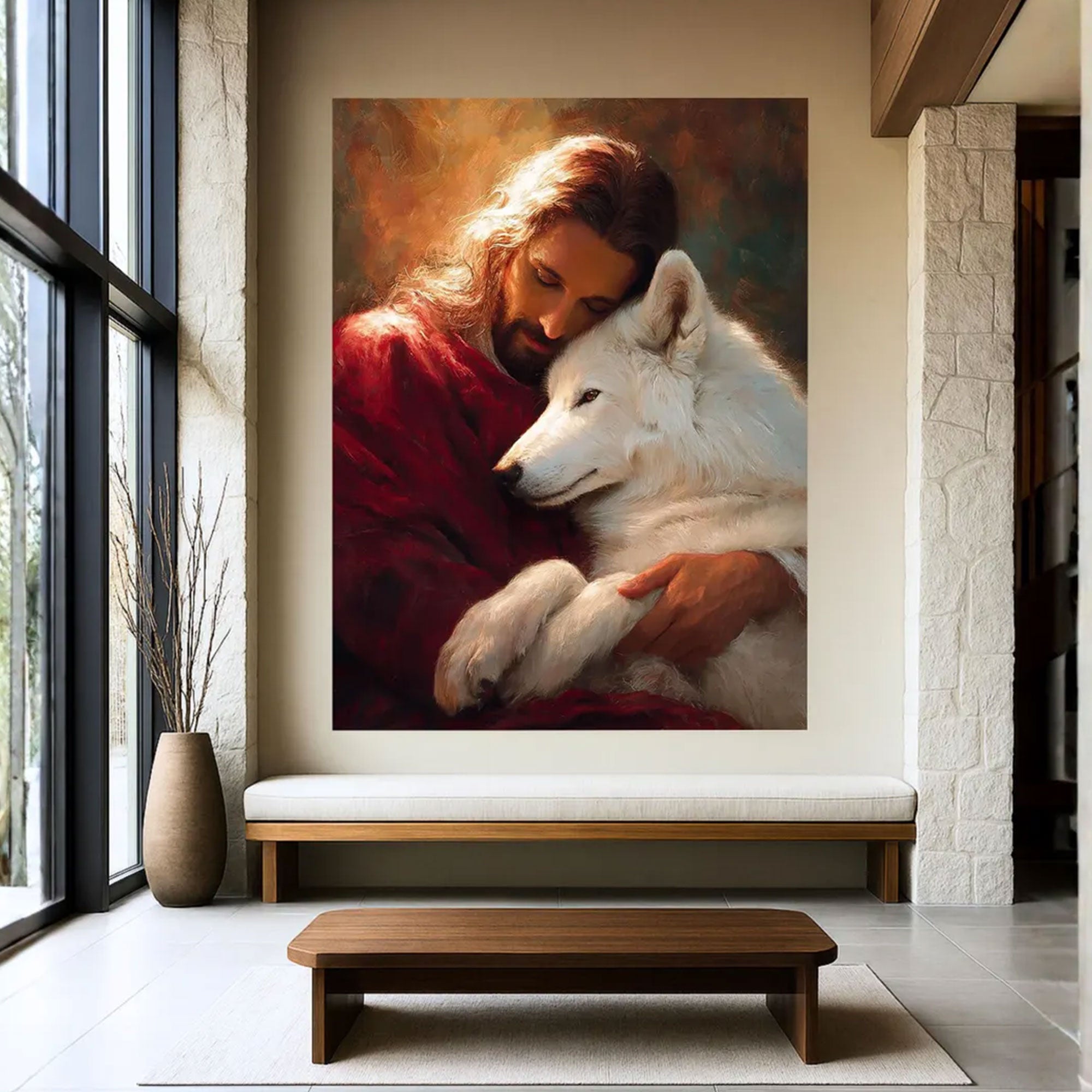 Jesus Holding Wolf Canvas Wall Art, Symbol of Redemption and Transformation, Christian Faith Decor, Spiritual Healing Artwork, Inspirational Home Gift