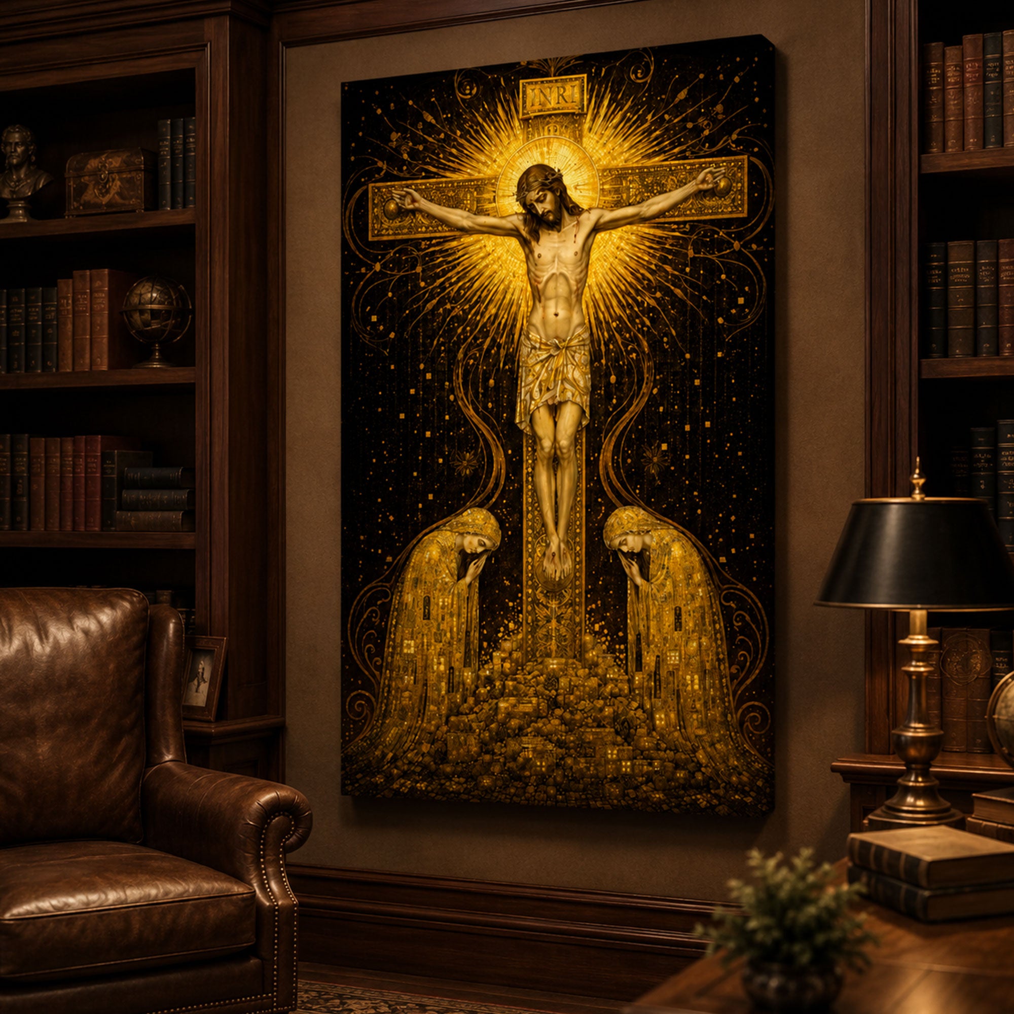 Gustav Klimt Golden Jesus Crucifixion Canvas Print, Religious Christian Wall Art, Sacred Faith Home Decor