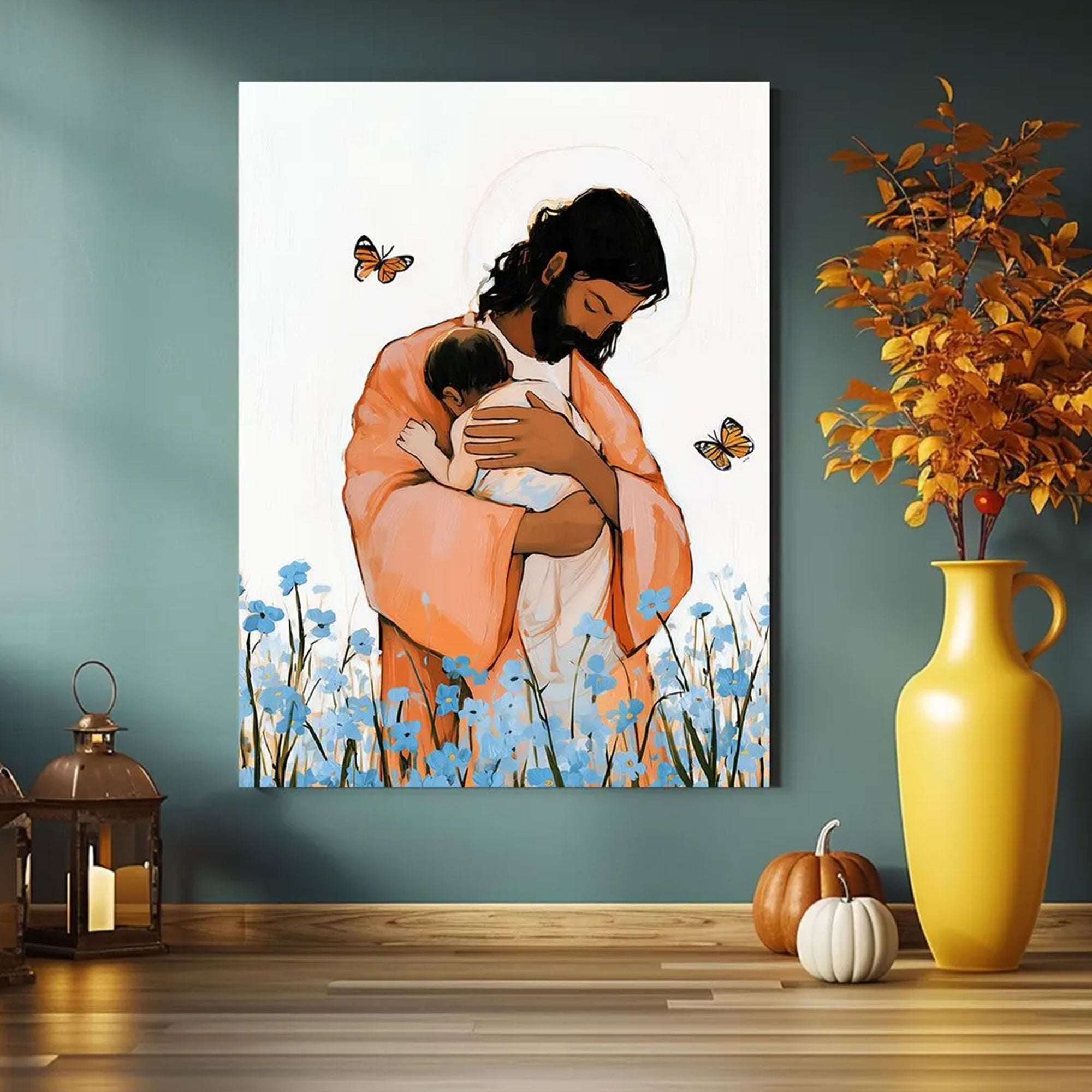 Jesus Holding Child Canvas Wall Art, Heavenly Embrace Painting, Christian Comfort Decor, Faith Inspired Nursery Artwork, Spiritual Gift