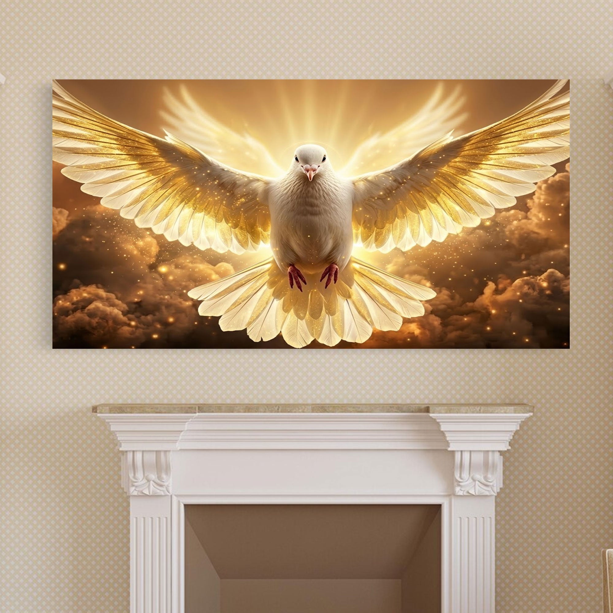 Holy Spirit Dove Canvas Print, Golden Light Christian Wall Art, Symbol of Divine Presence and Power, Pentecost Religious Decor, Inspirational Faith Gift
