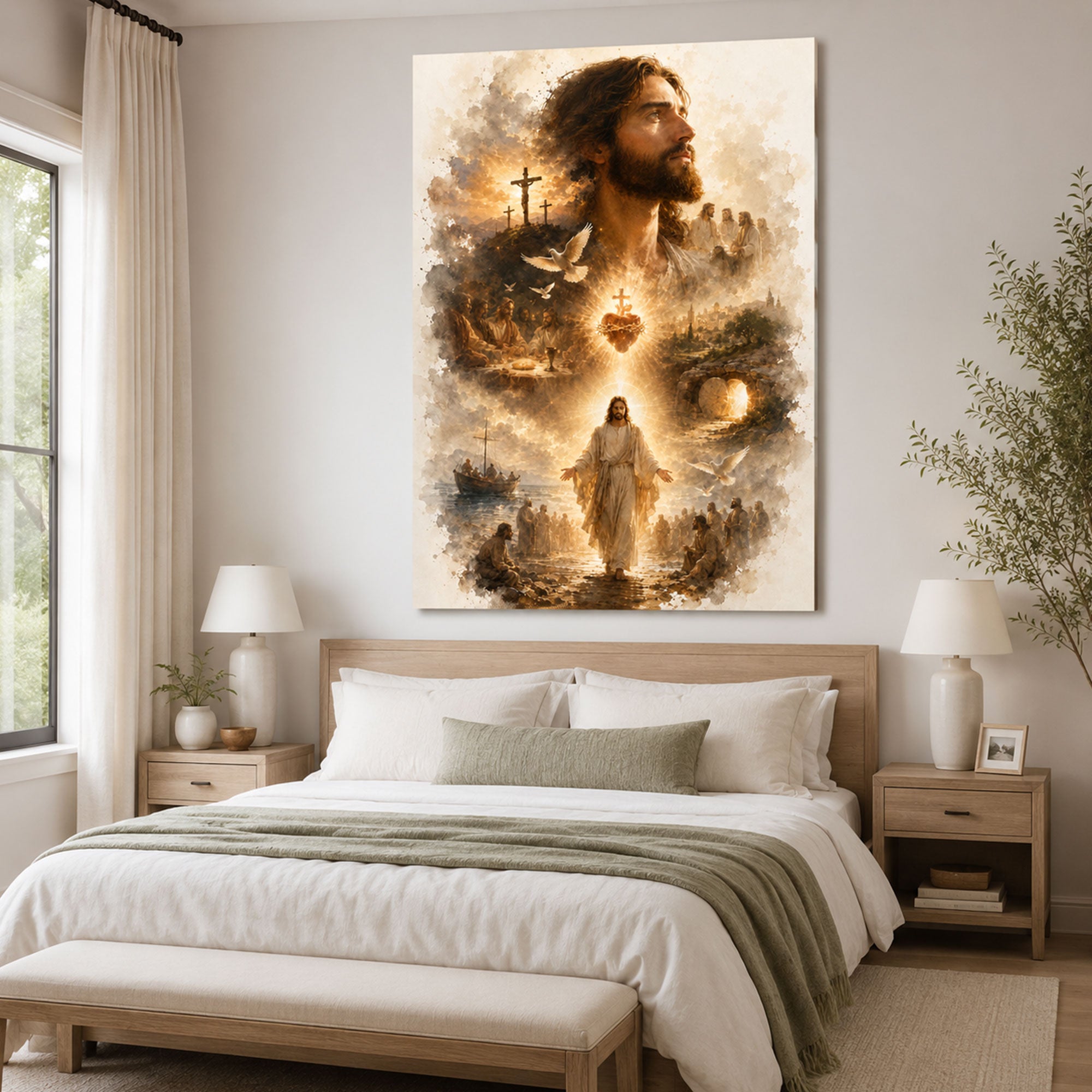 Life of Jesus Sacred Heart Canvas Print, Biblical Scenes Christian Wall Art, Catholic Religious Home Decor Gift