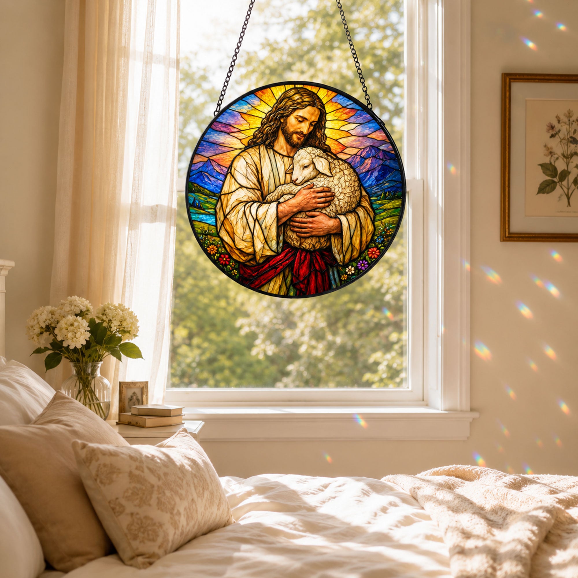 Jesus Holding Lamb Suncatcher, Good Shepherd Christian Window Decor, Faith Gift