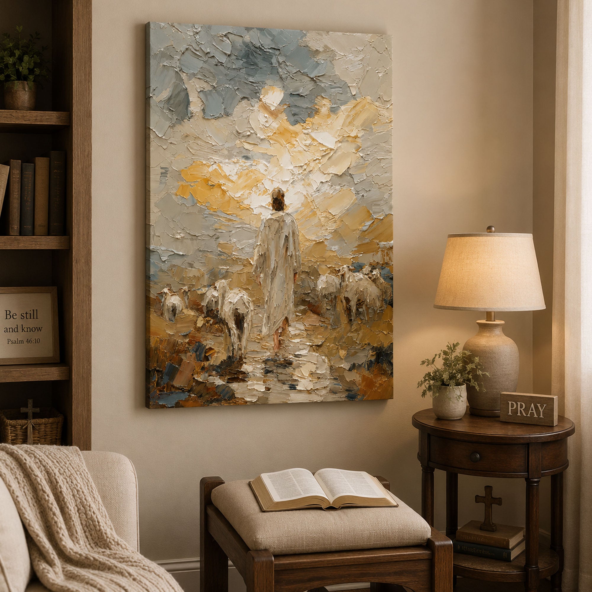 Good Shepherd Canvas Print, Jesus with Sheep Neutral Christian Wall Art, Faith Home Decor Gift