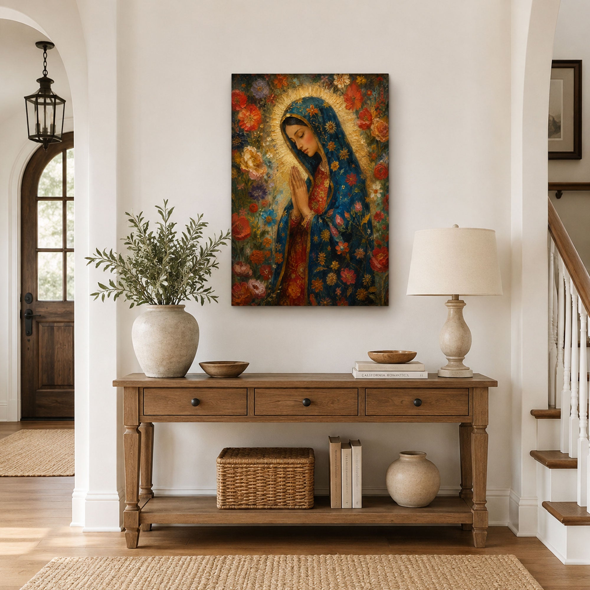 Our Lady of Guadalupe Floral Canvas Print, Virgin Mary Catholic Wall Decor, Marian Faith Gift
