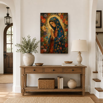 Our Lady of Guadalupe Floral Canvas Print, Virgin Mary Catholic Wall Decor, Marian Faith Gift