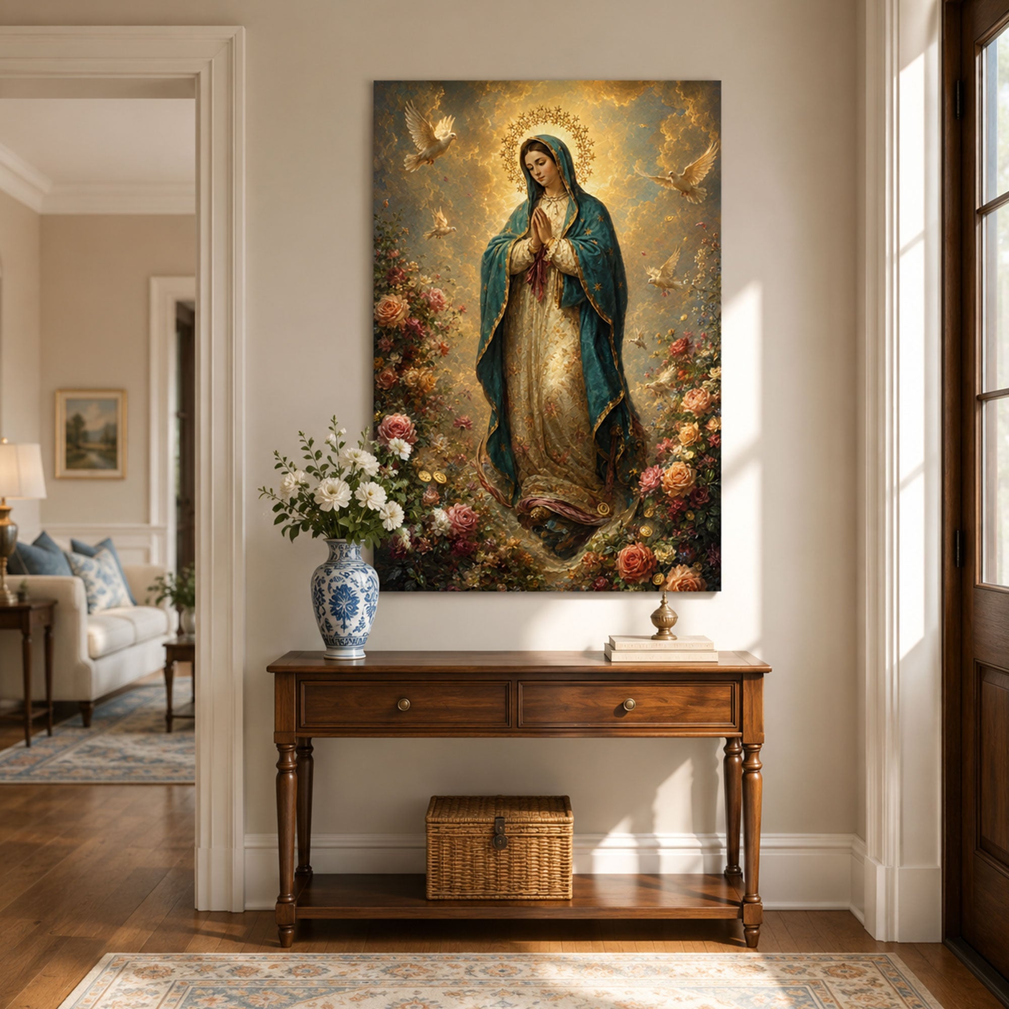 Virgin Mary with Roses and Doves Canvas Print, Catholic Home Decor