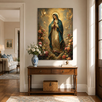 Virgin Mary with Roses and Doves Canvas Print, Catholic Home Decor