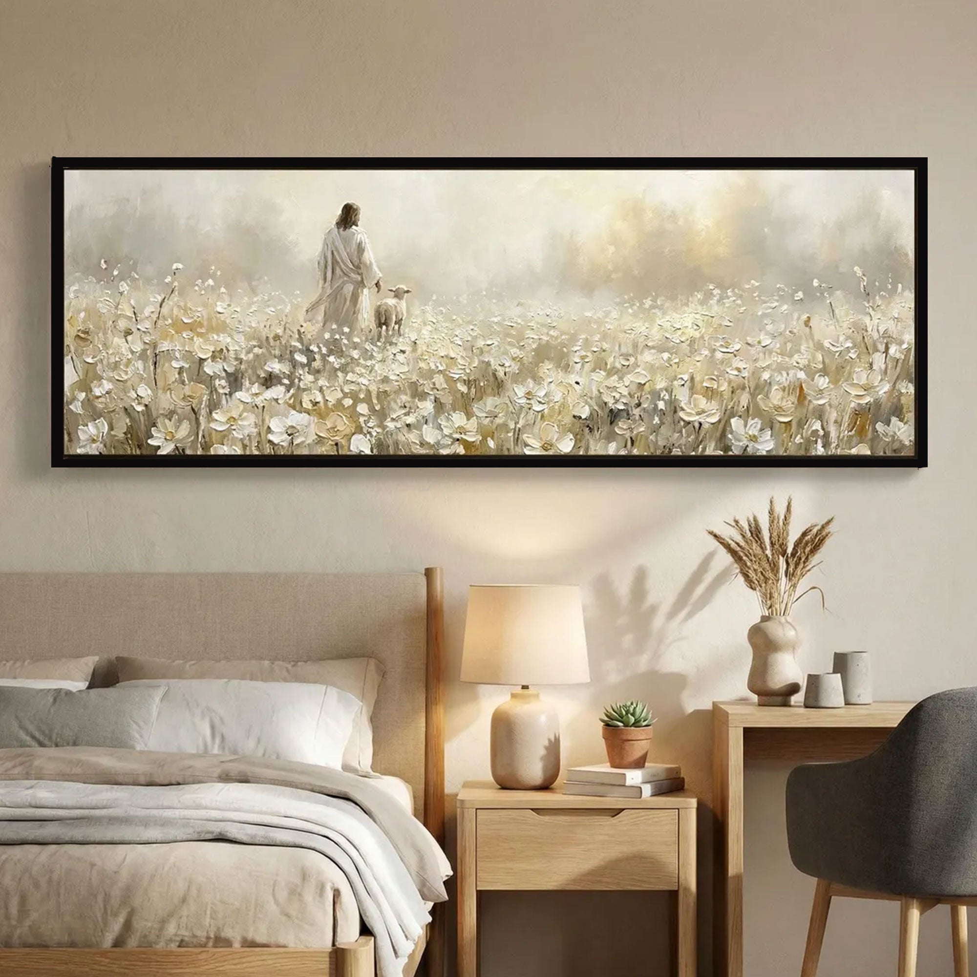 Jesus and Lamb Canvas Print, Gentle Jesus Wall Art, Good Shepherd Decor, Leaves the 99, Neutral Christian Artwork, LDS Decor