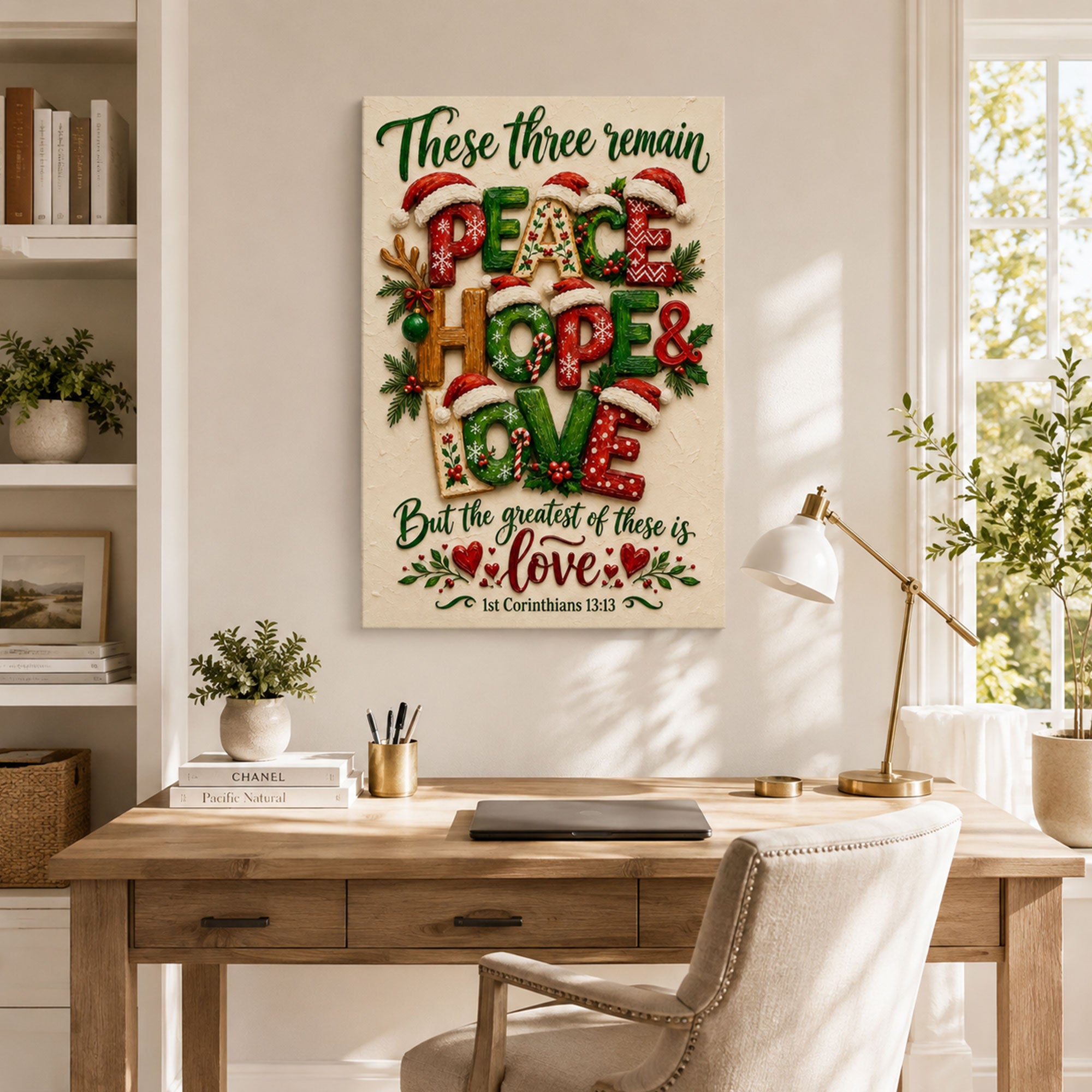 Peace Hope Love Christmas Canvas Print, 1 Corinthians 13:13 Christian Wall Decor, Faith Gift