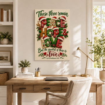 Peace Hope Love Christmas Canvas Print, 1 Corinthians 13:13 Christian Wall Decor, Faith Gift