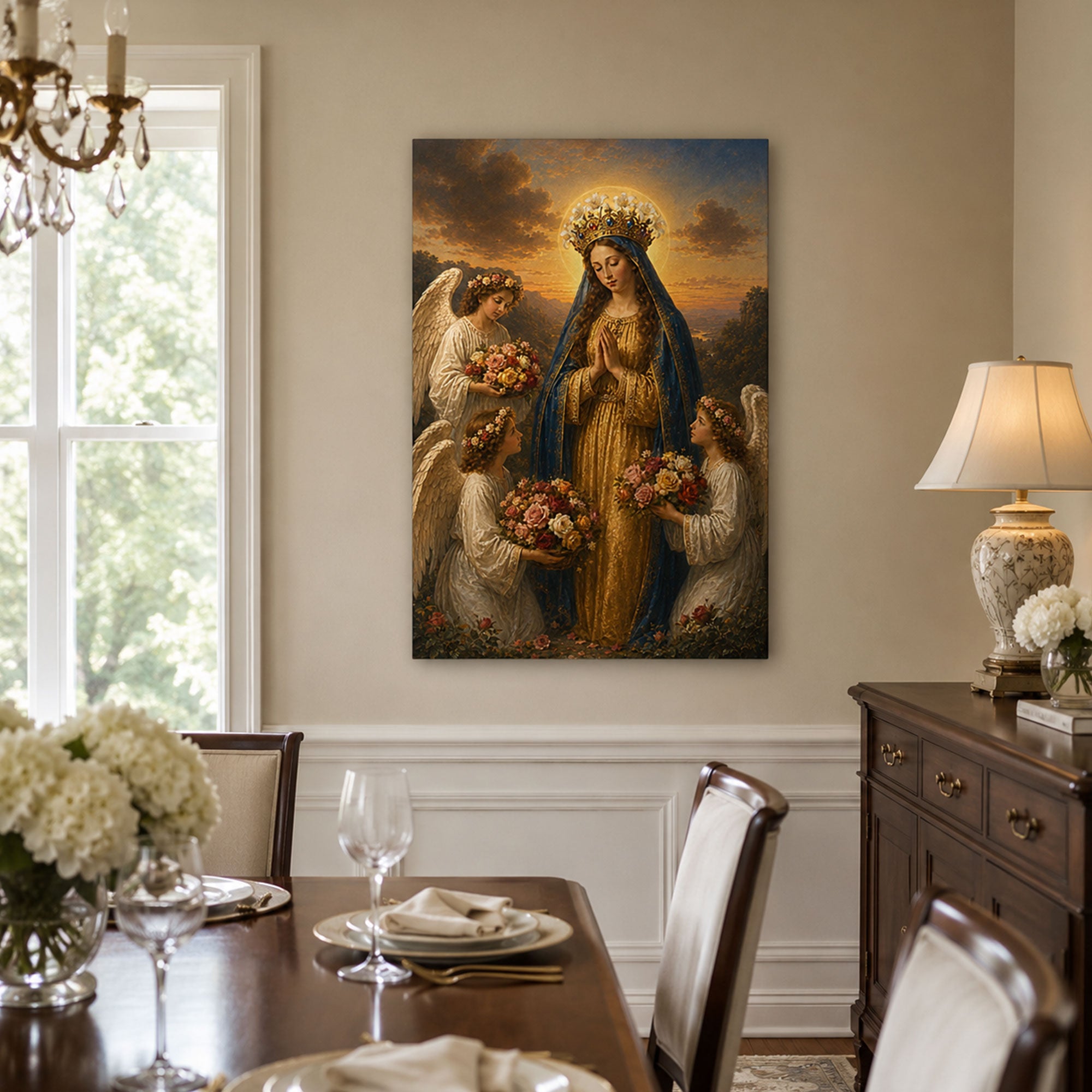 Crowned Virgin Mary with Angels and Flowers Canvas Print, Catholic Home Decor